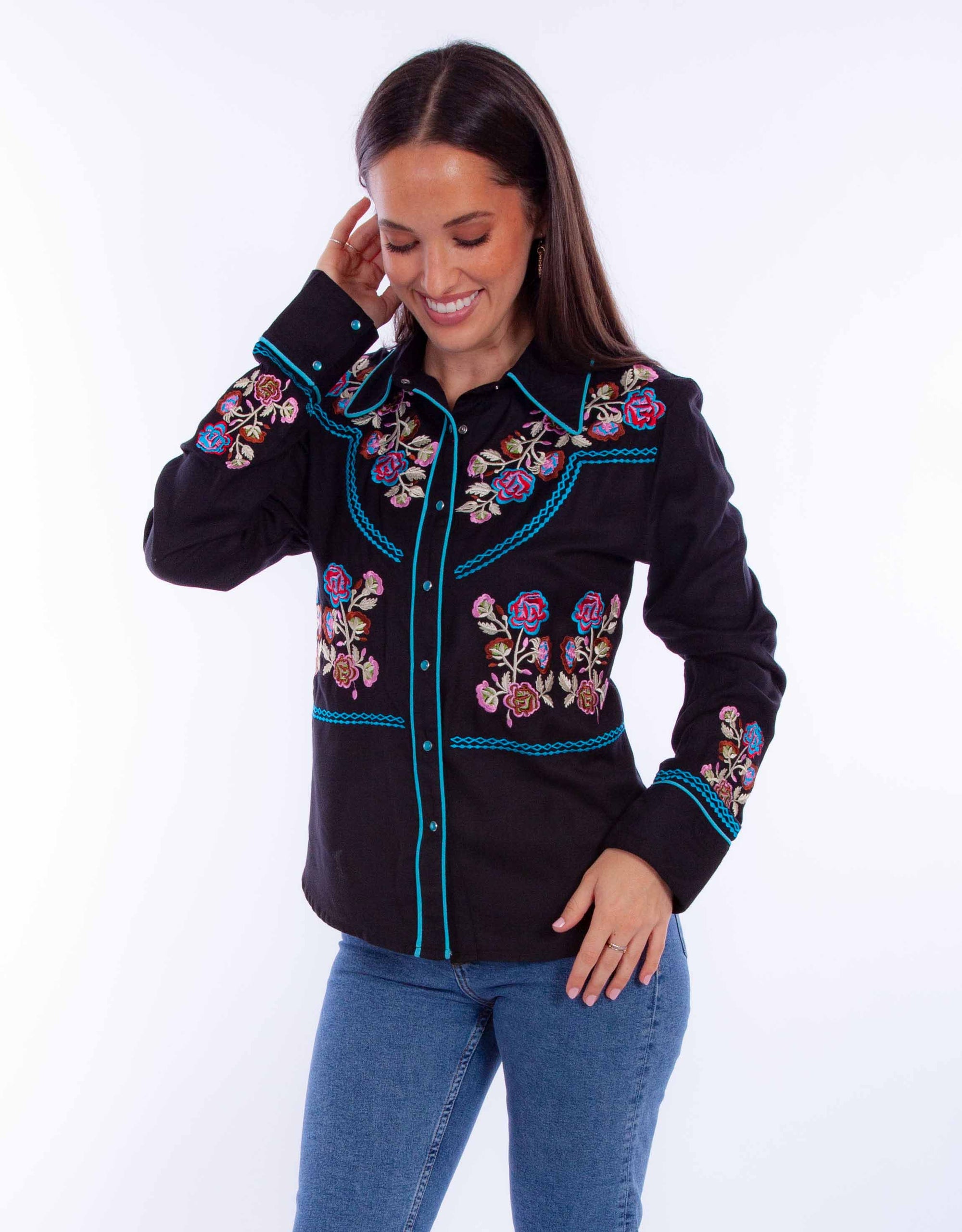 Floral Emb Top W/turq Piping - HC869