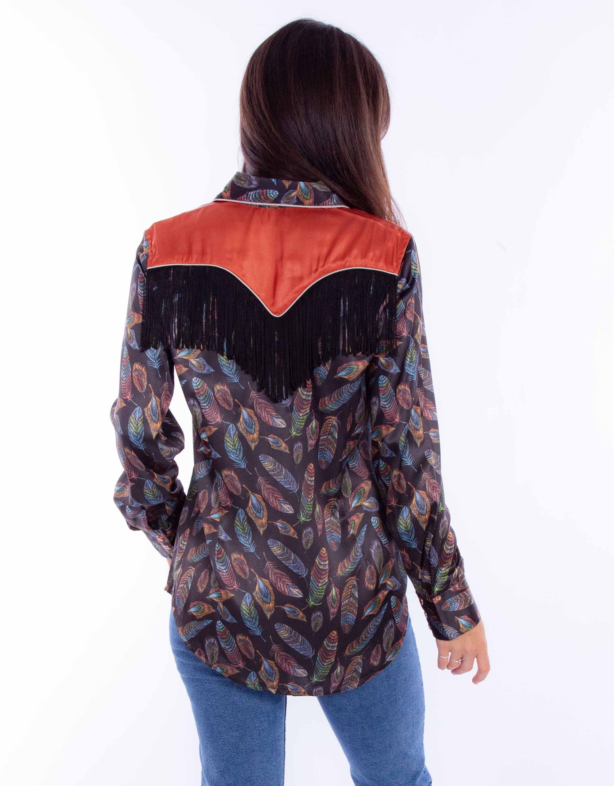 Feather Print W/fringe &amp; Cont. Yoke - HC871