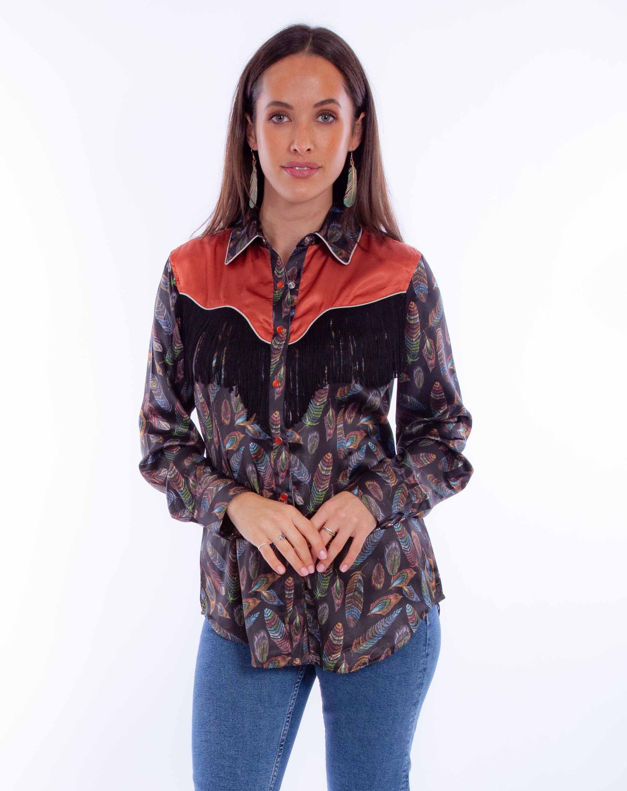 Feather Print W/fringe &amp; Cont. Yoke - HC871
