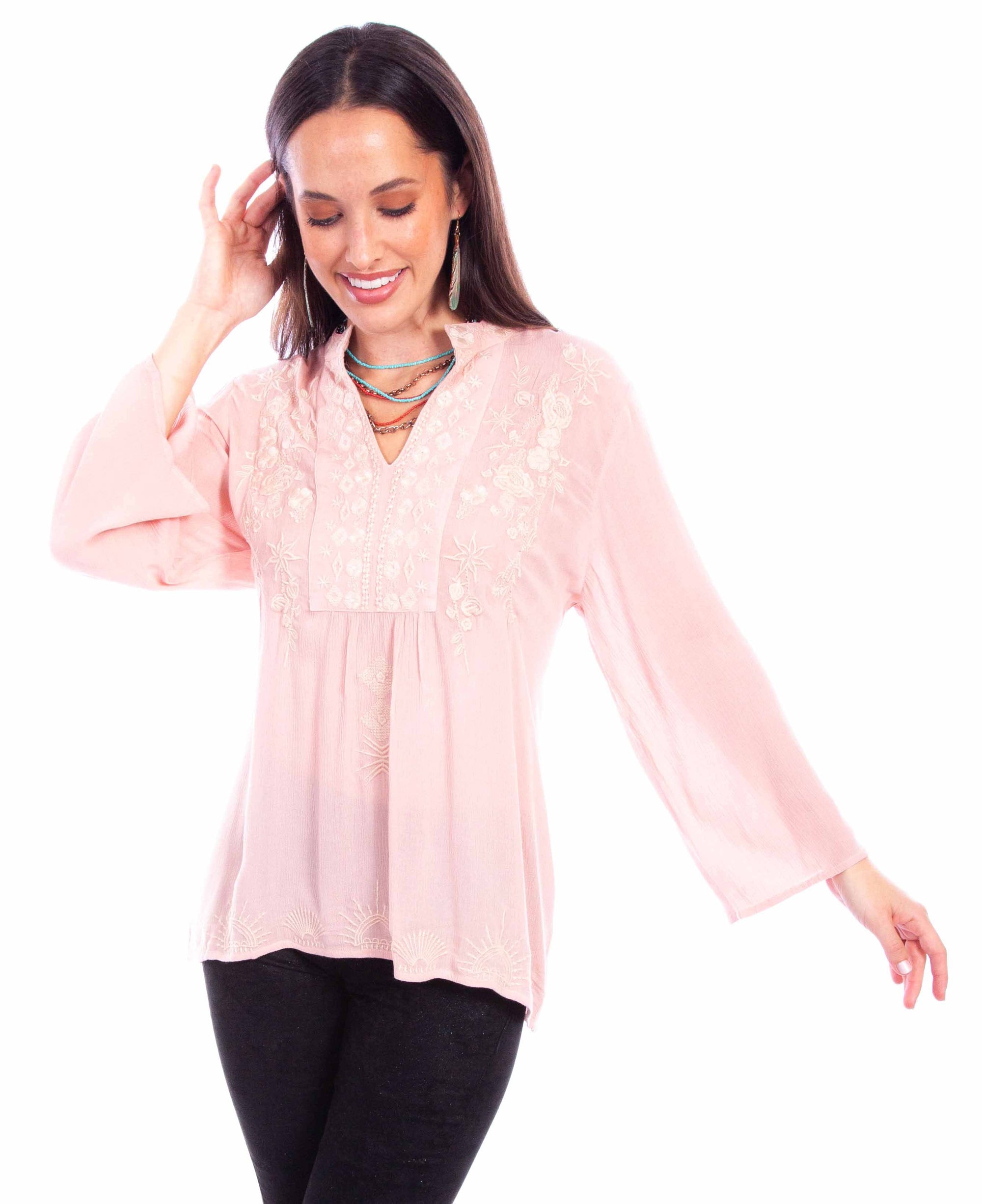 Pullover V Neck Emb. L/s Blouse - HC878