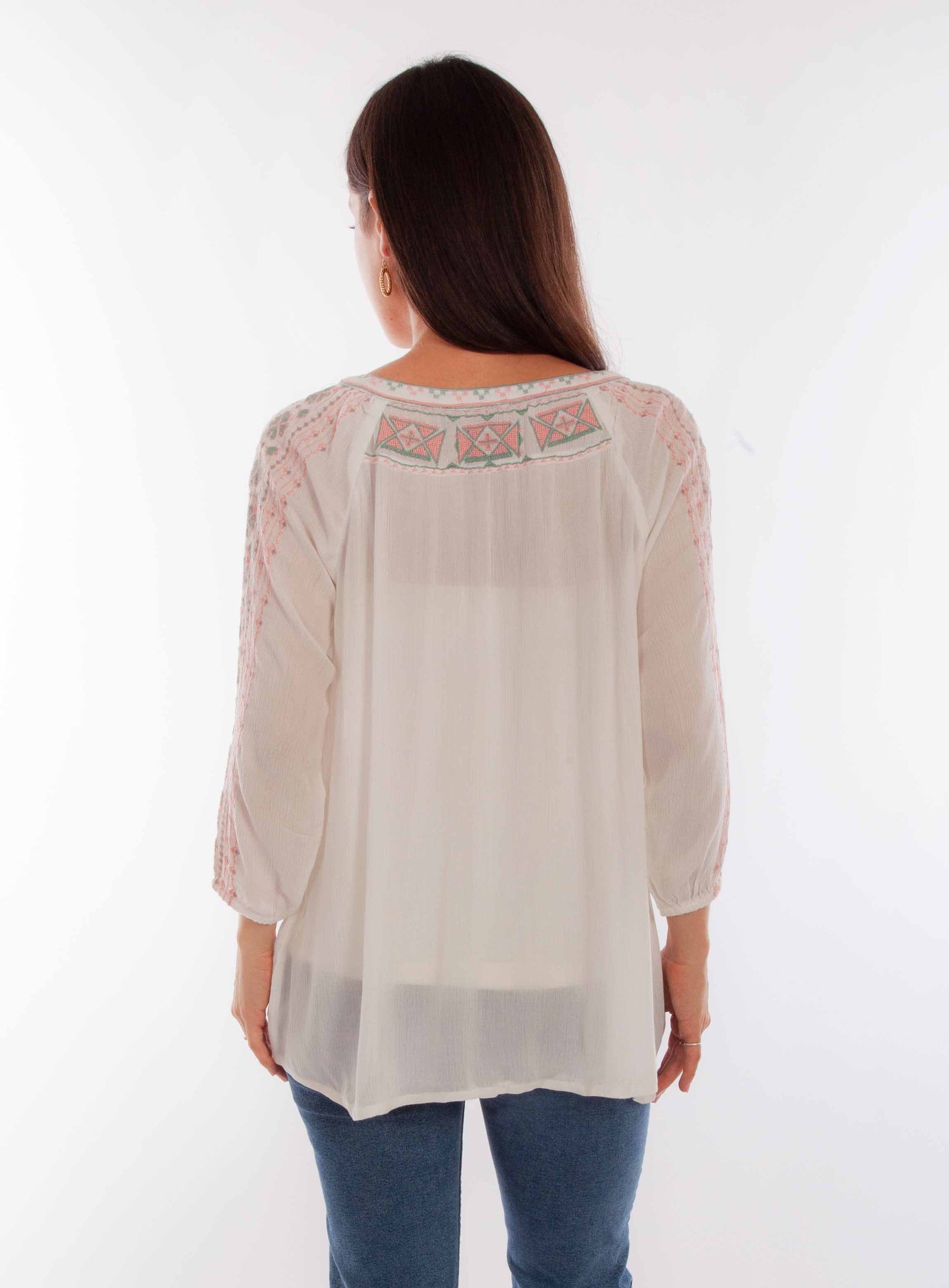 Tie Front Pull Over Emb Blouse - HC880