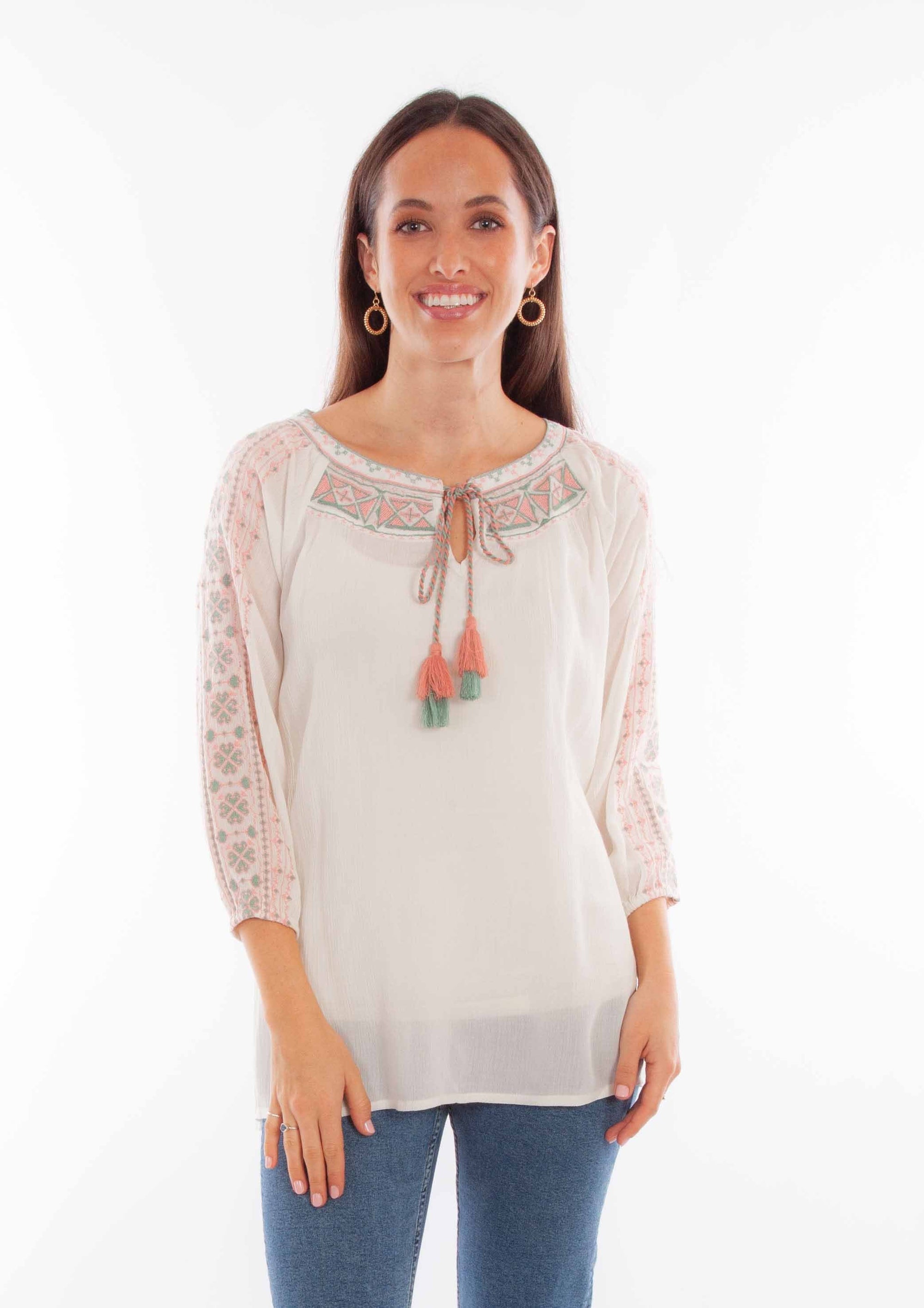 Tie Front Pull Over Emb Blouse - HC880