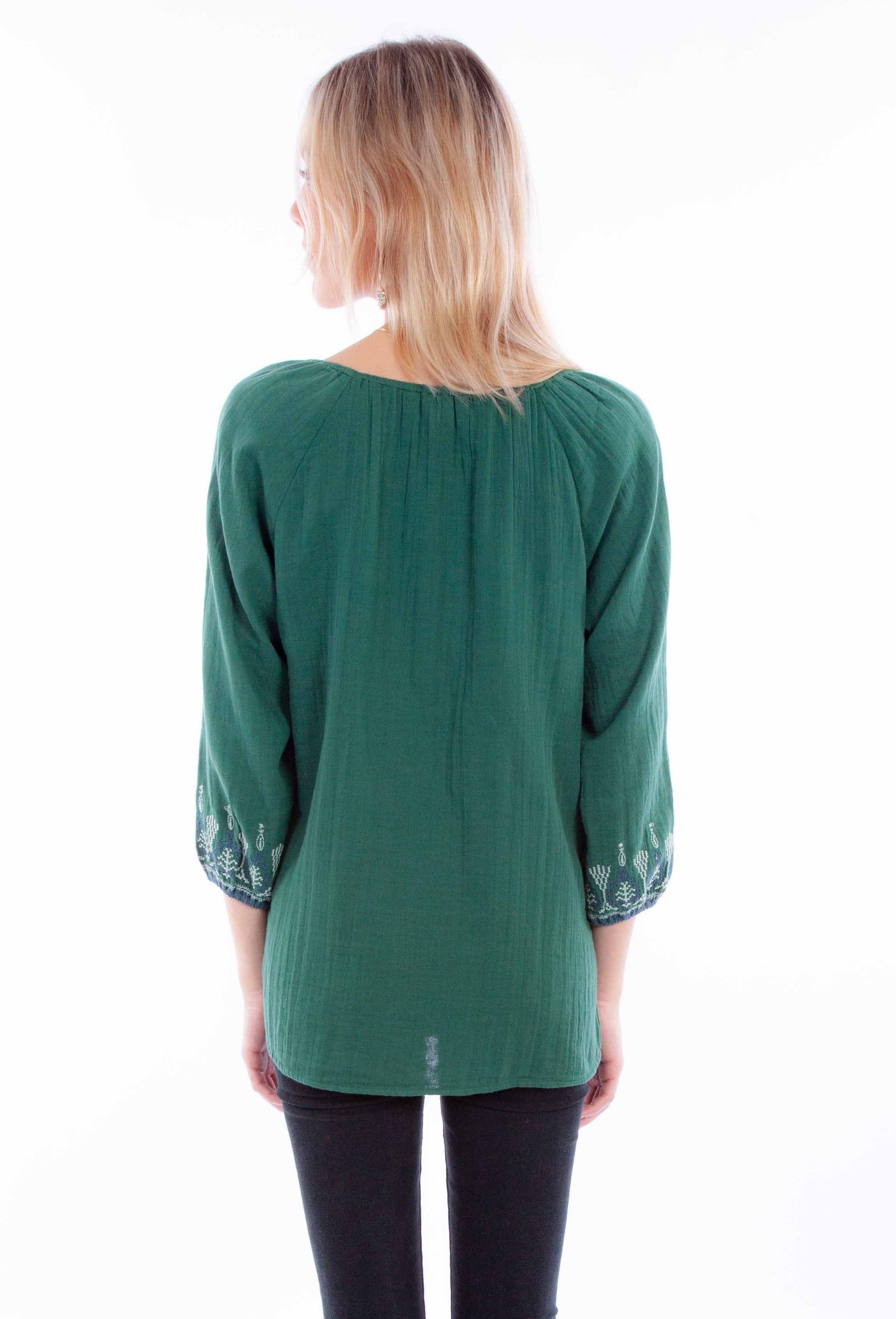 Pullover Tie Front Emb. Blouse - HC883