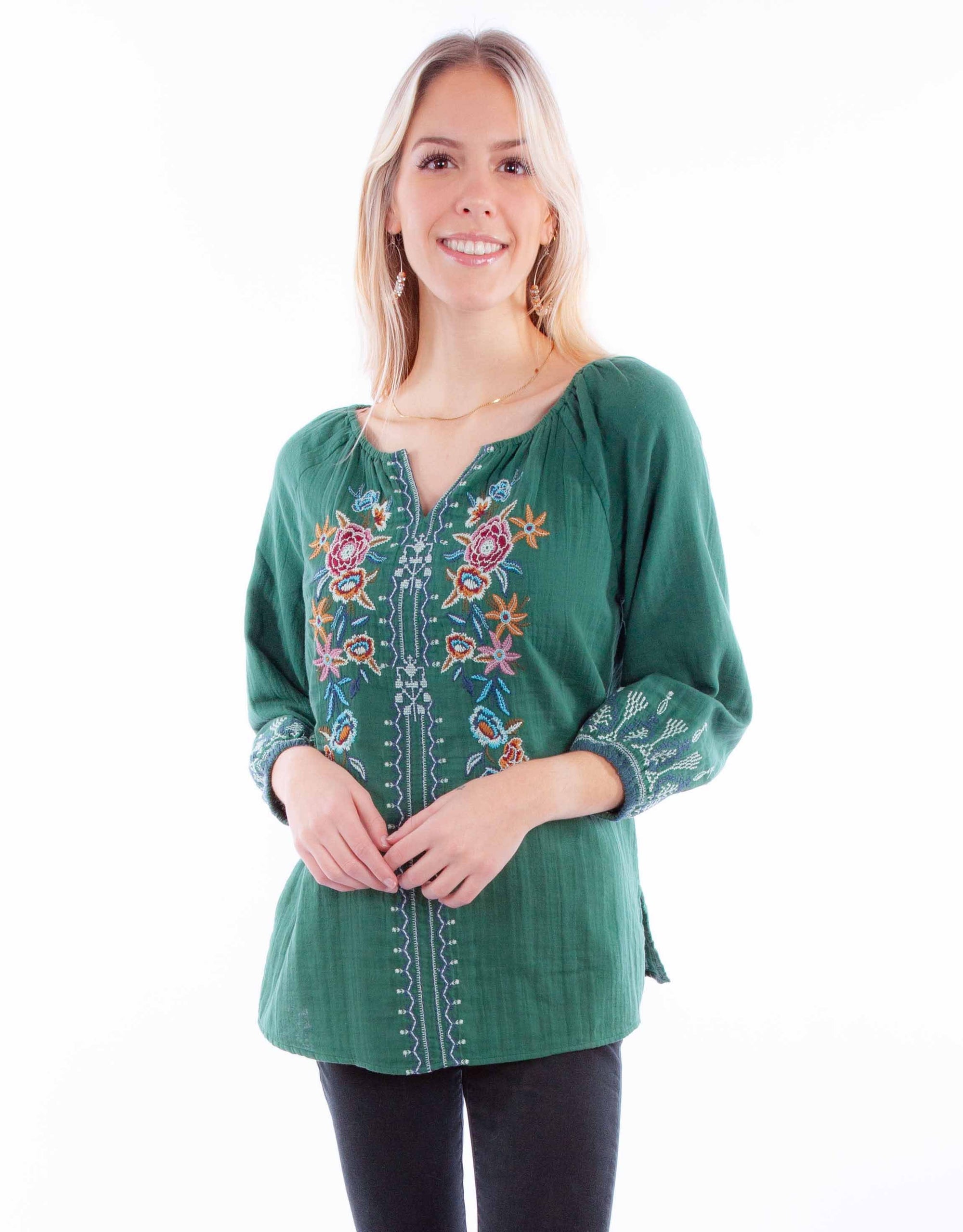 Pullover Tie Front Emb. Blouse - HC883