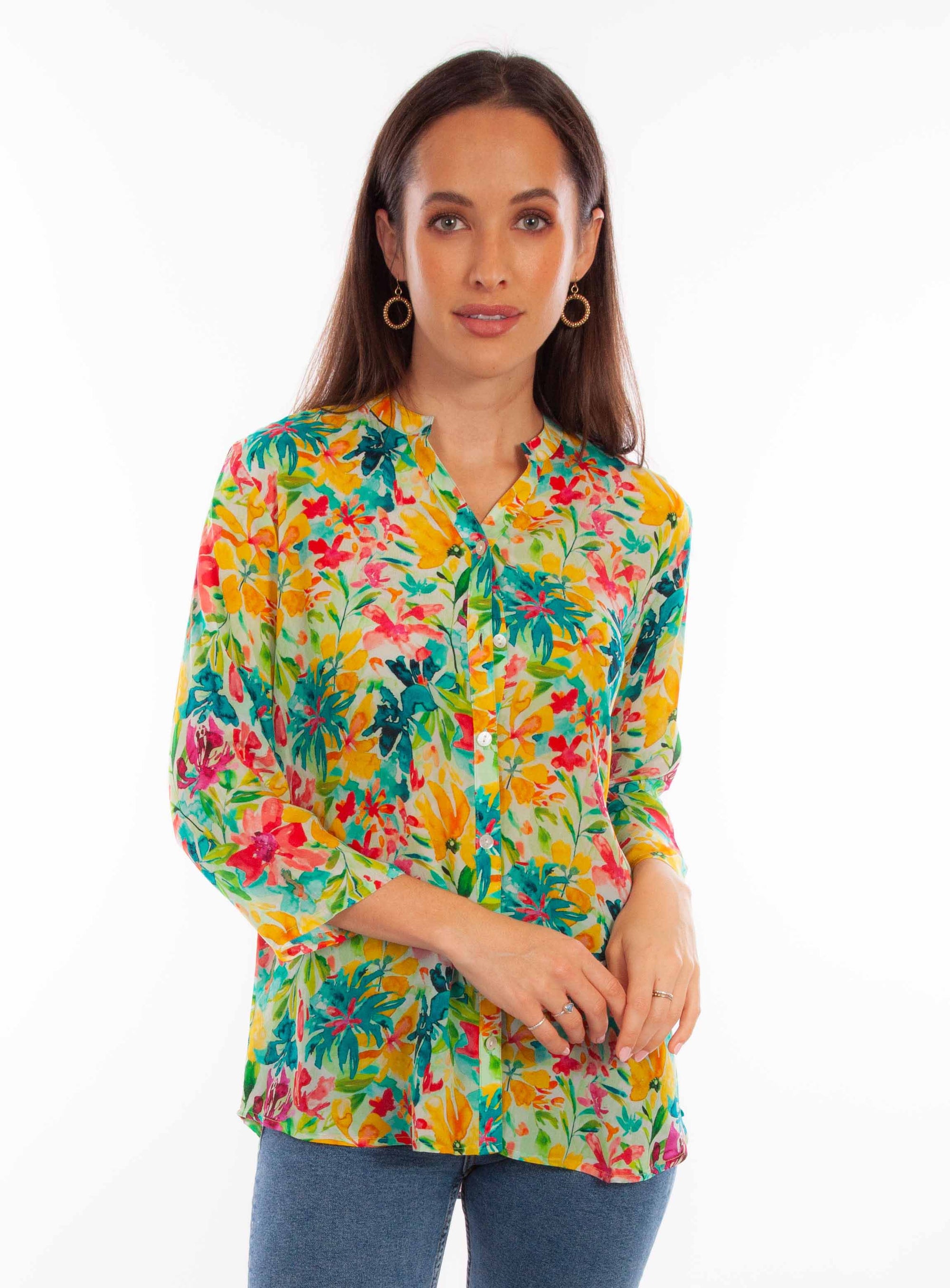 Tropical Print Button Up Blouse - HC893