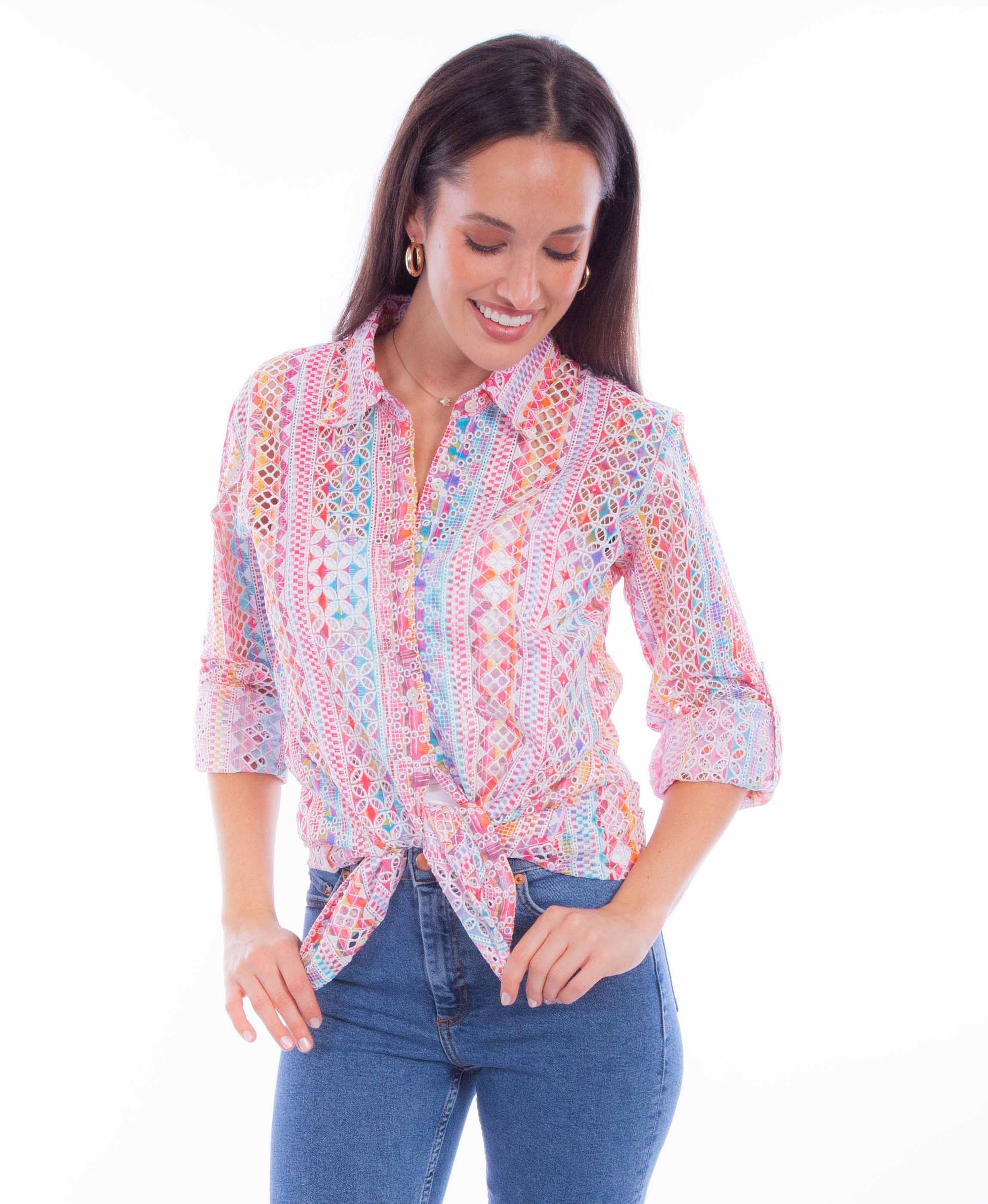 L/s Eyelet Button Up Blouse - HC896