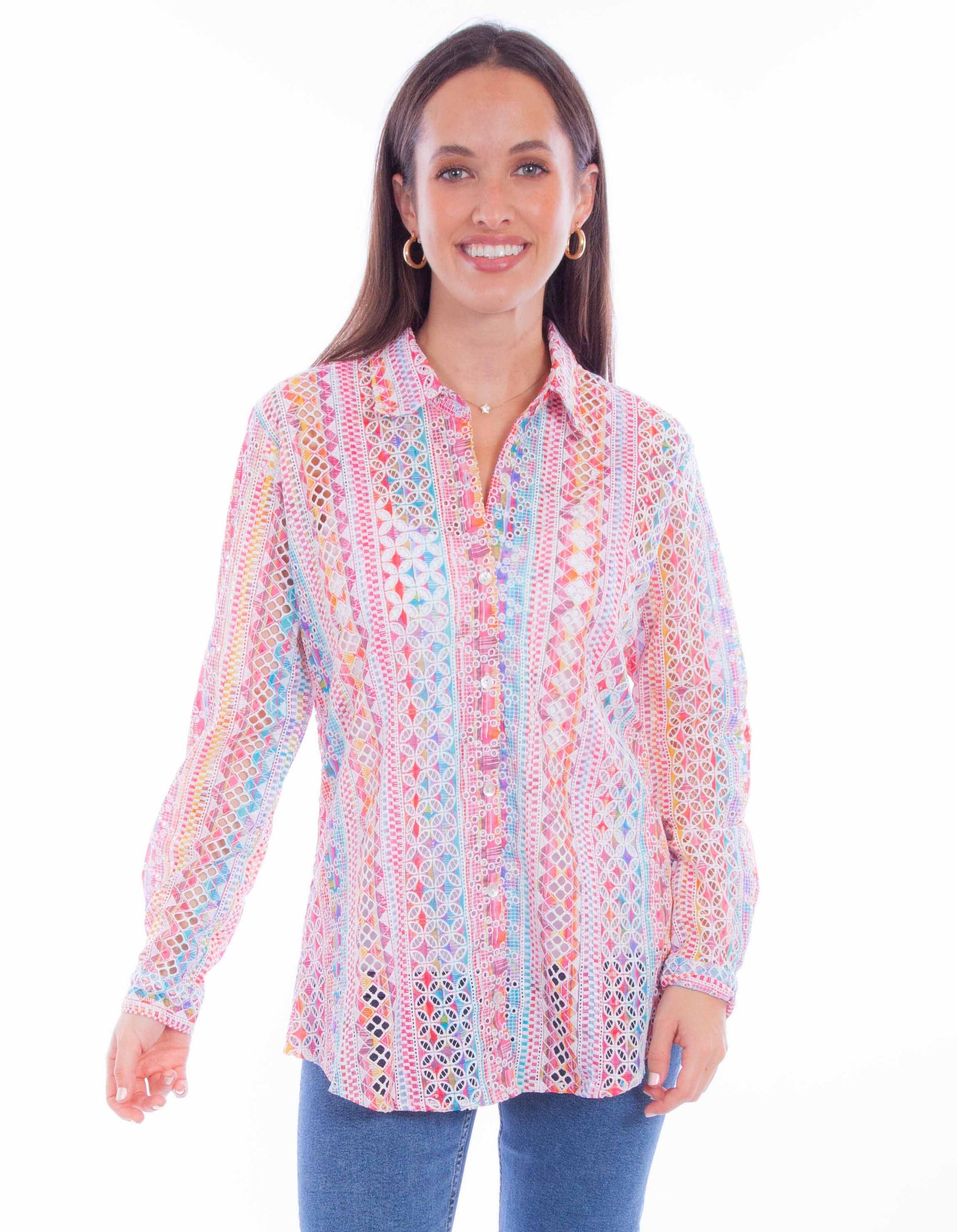 L/s Eyelet Button Up Blouse - HC896