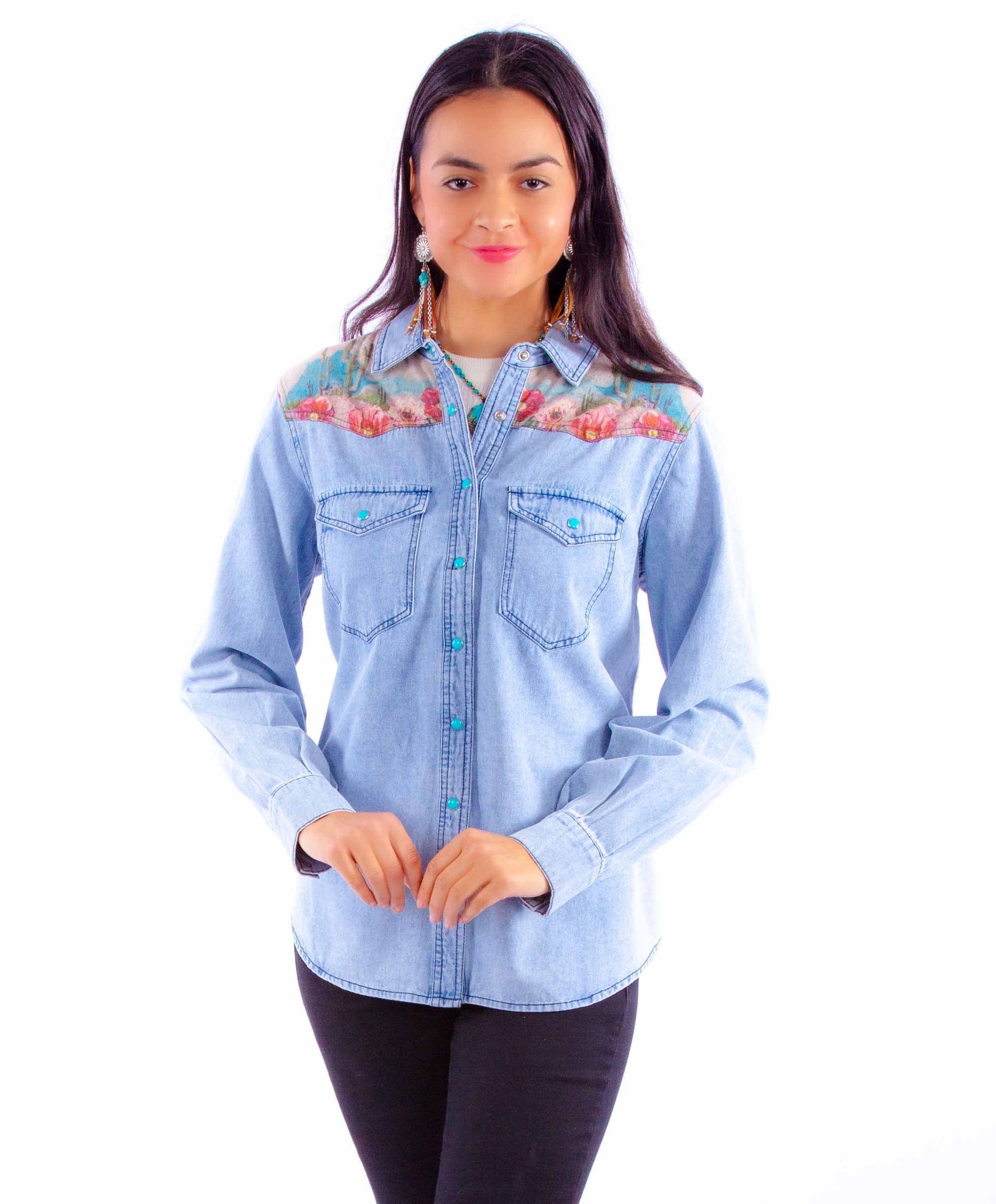 Cactus Print Denim Top - HC901
