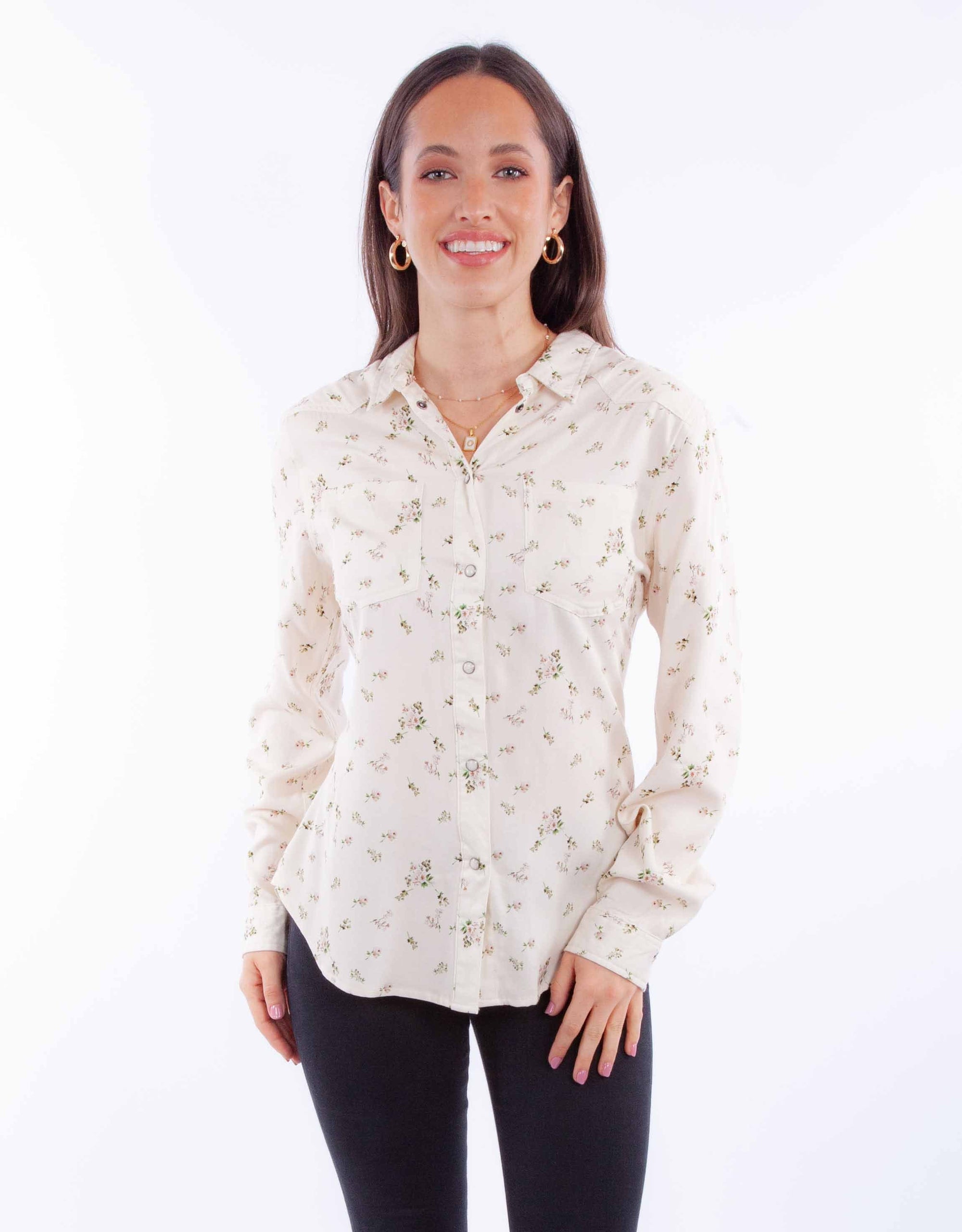 Snap Front Blouse W/floral Print - HC904