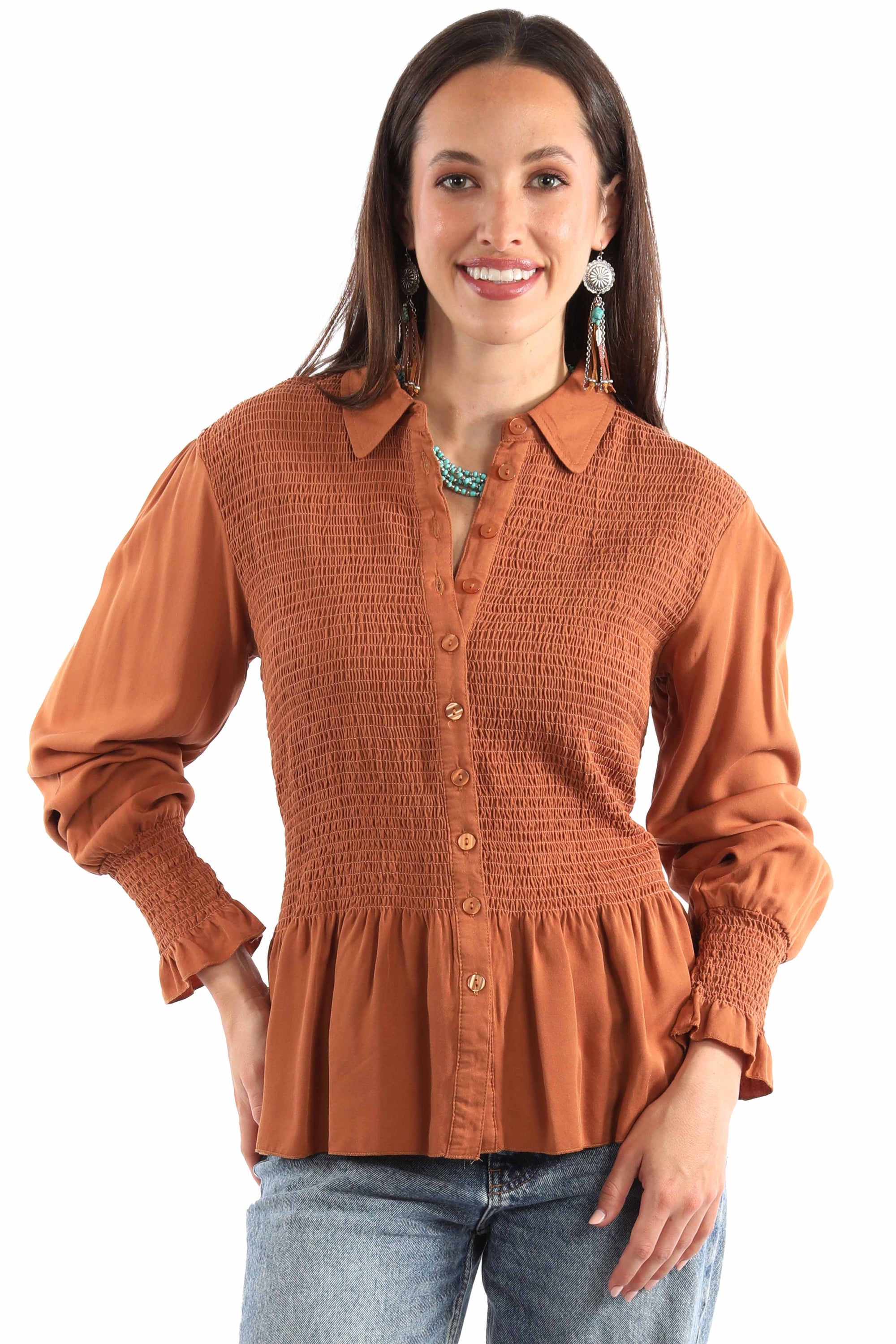 Peplum Blouse Smocked Bodice - HC910
