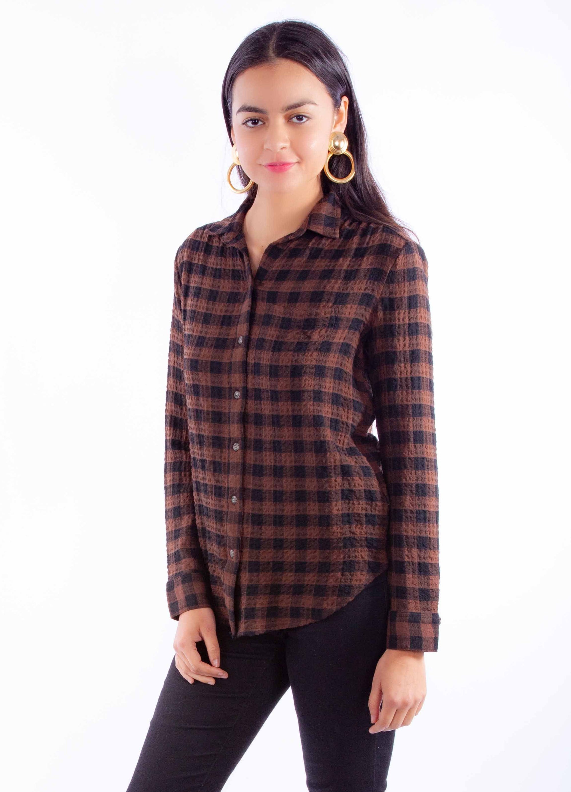 Ladies Plaid Button Up Top - HC920