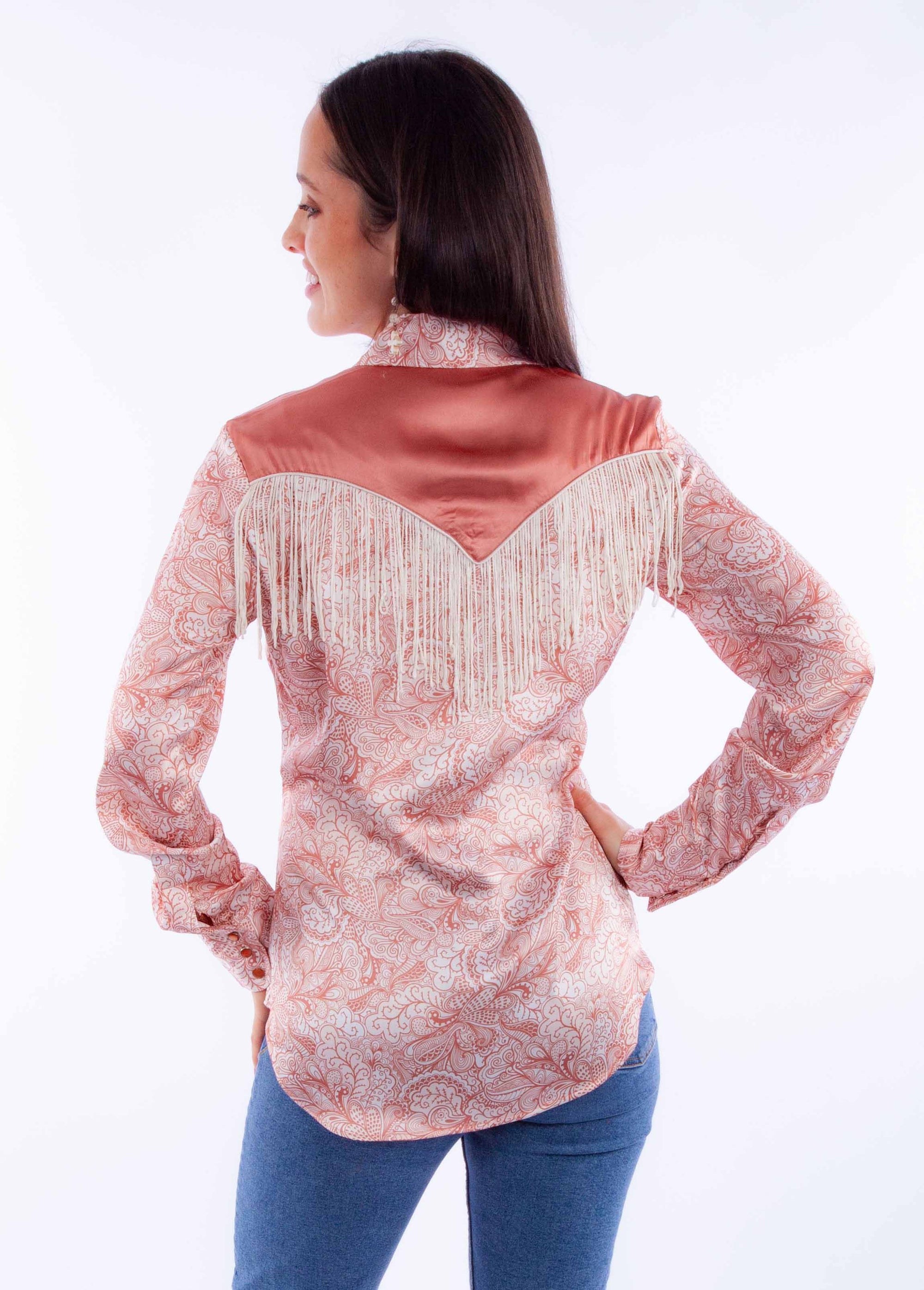 Print Blouse W/solid Yokes &amp; Fringe - HC928