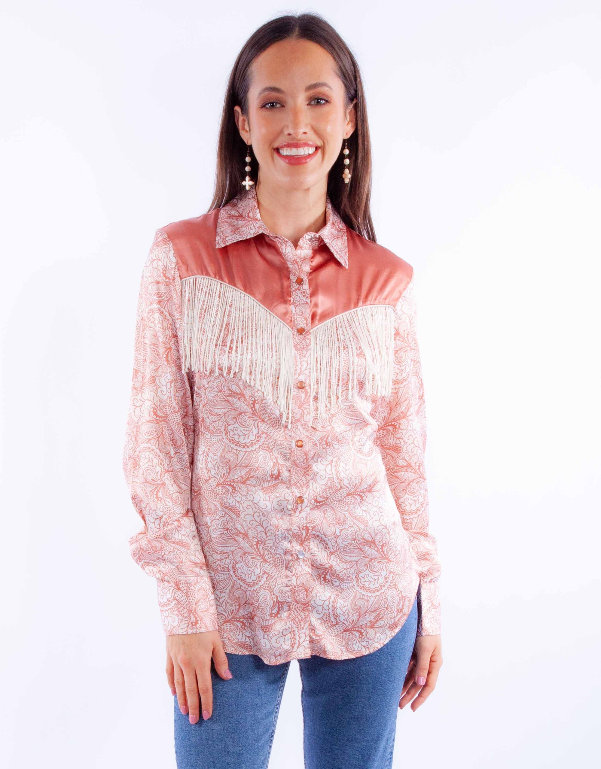 Print Blouse W/solid Yokes &amp; Fringe - HC928