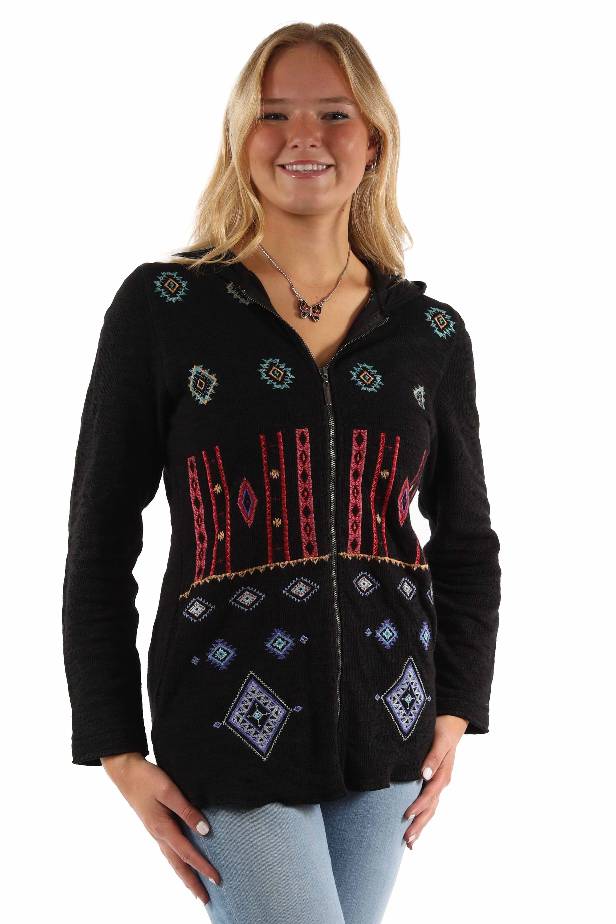 Double Knit Hoodie W/emb &amp; Zip Front - HC941