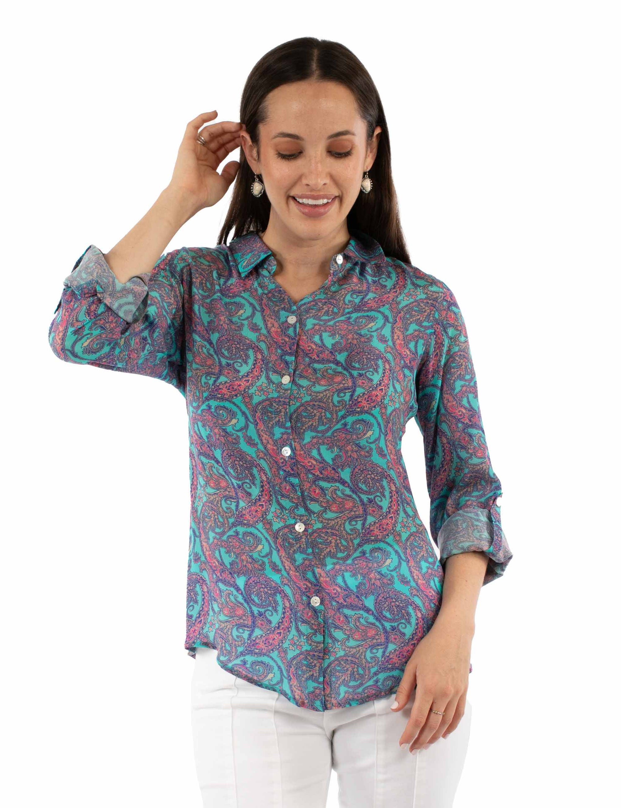 Button Up Blouse W/roll Up Sleeves - HC949