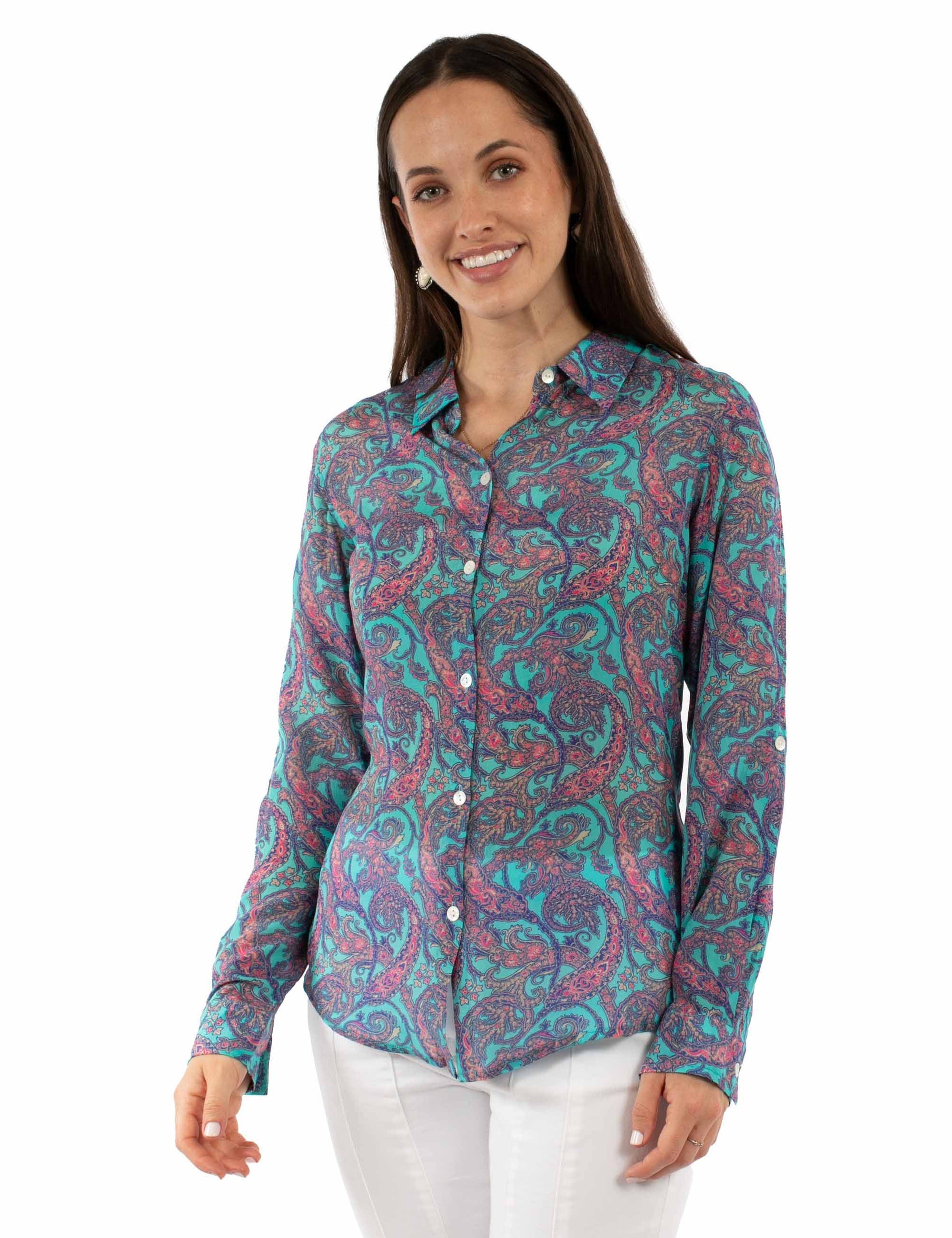 Button Up Blouse W/roll Up Sleeves - HC949