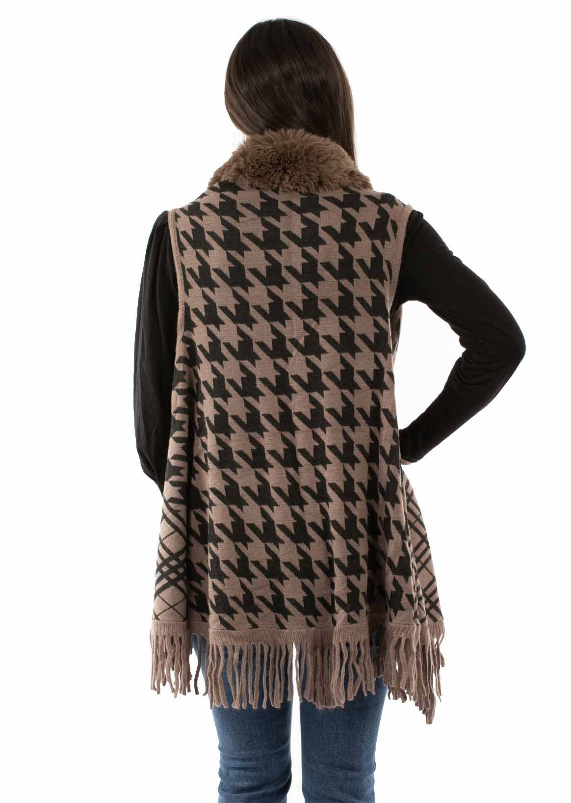 Houndstooth Faux Fur Trim Cardigan - HC968