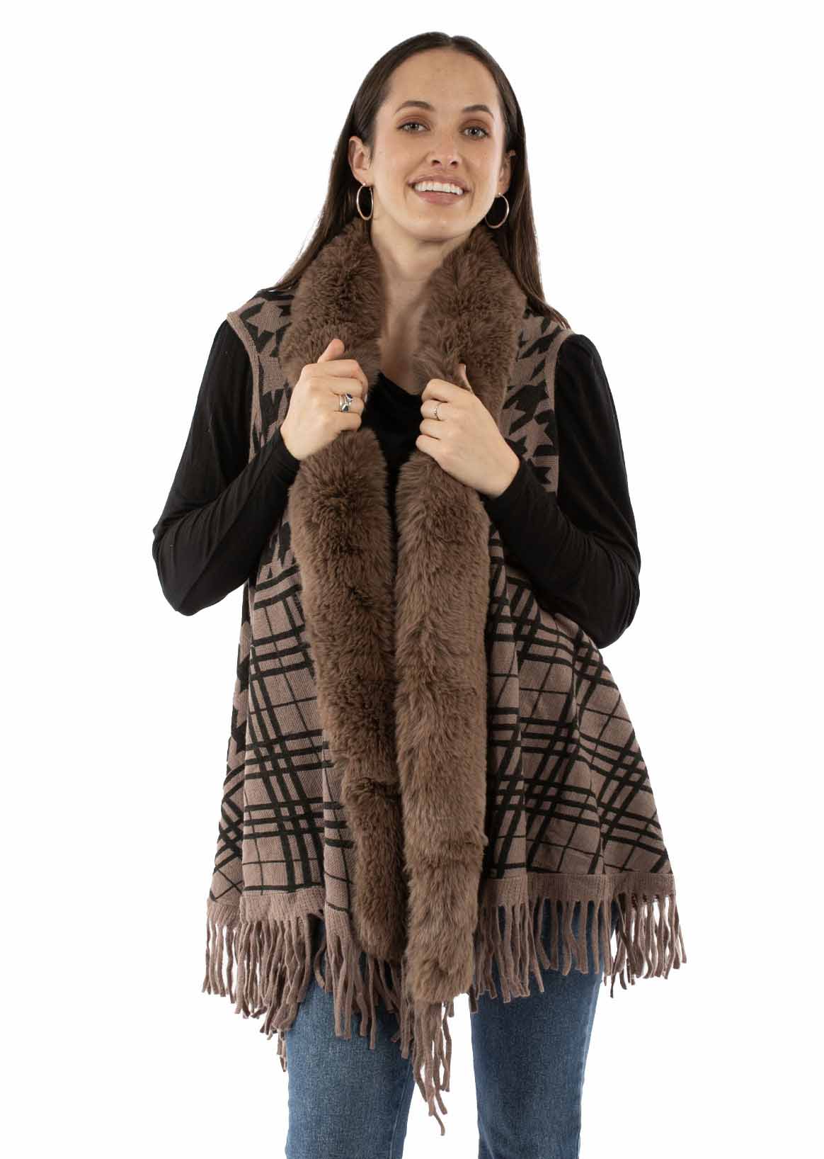 Houndstooth Faux Fur Trim Cardigan - HC968