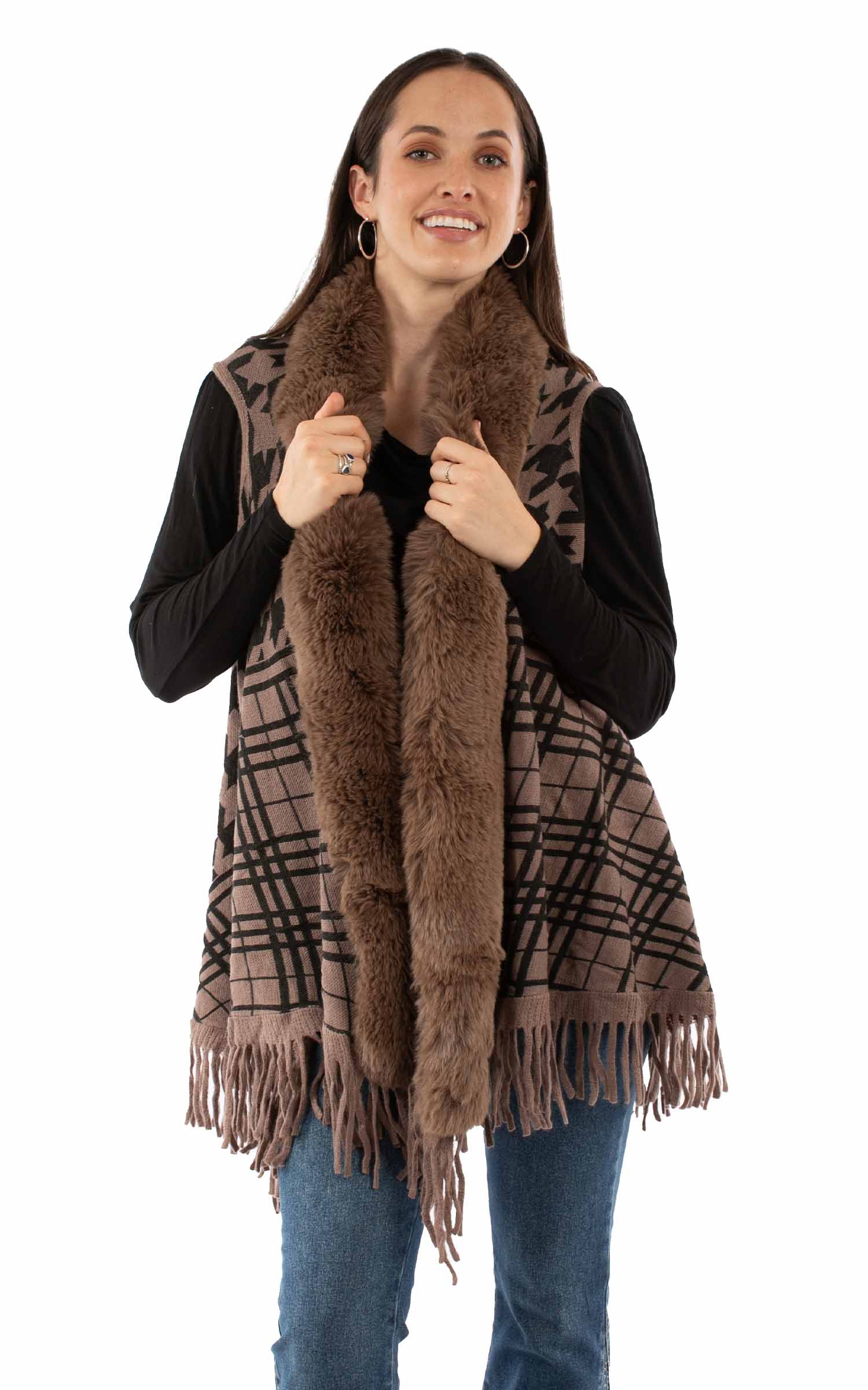 Houndstooth Faux Fur Trim Cardigan - HC968