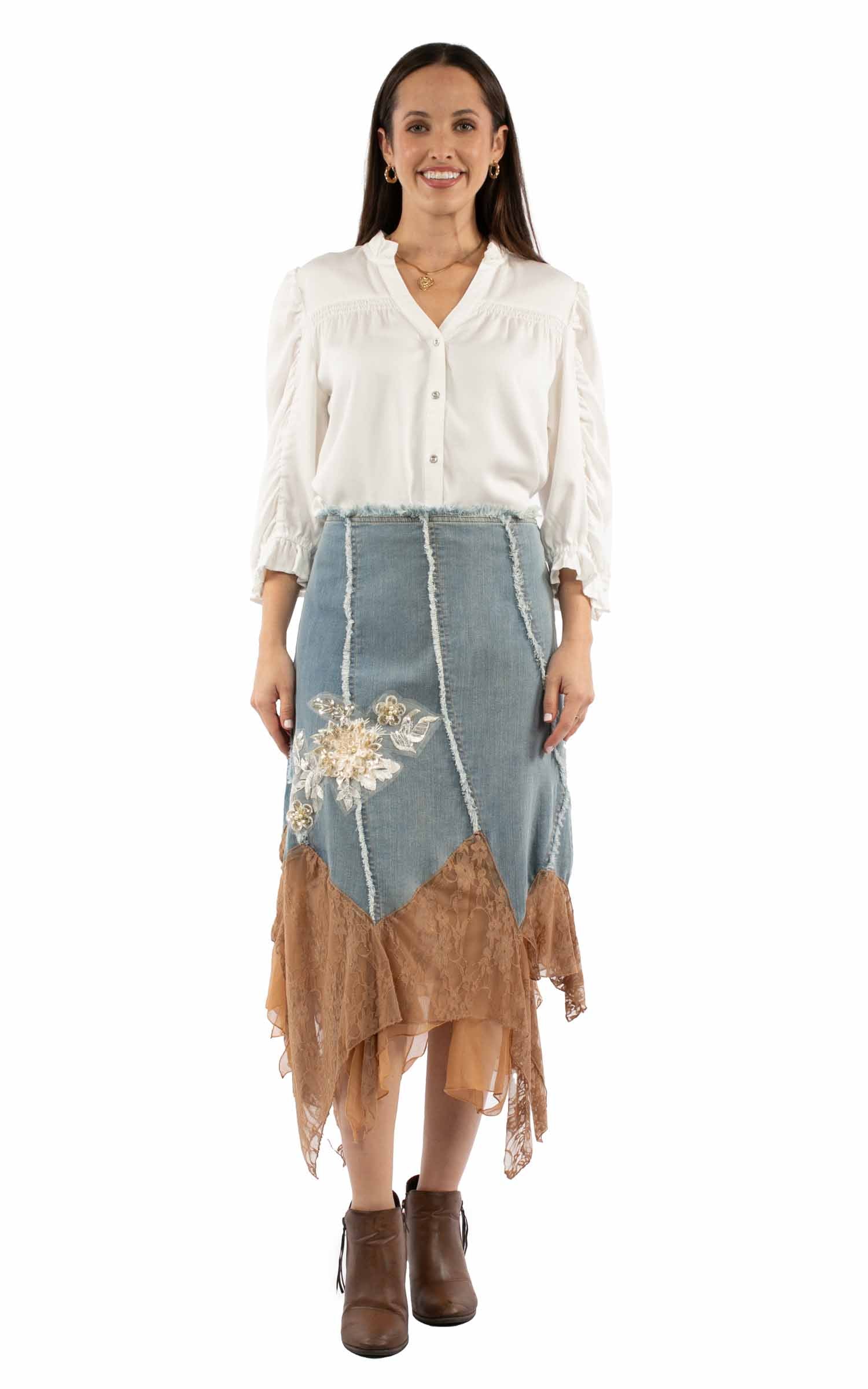 Denim Skirt W/applique &amp; Lace - HC989