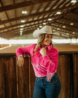 HOT PINK FRINGE VELVET PERFORMANCE RODEO SHIRT (ADULT)