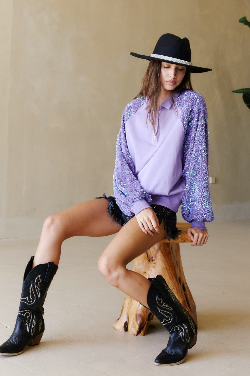 Sequin Sleeve Henley -clearance