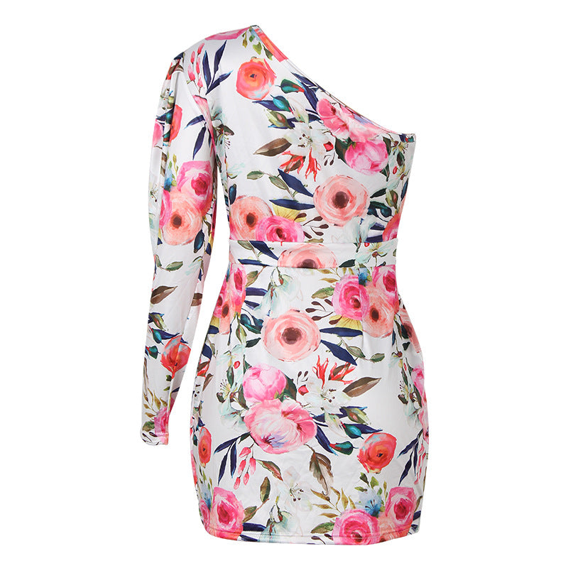 Spring Flowers One Shoulder Dress -clearance