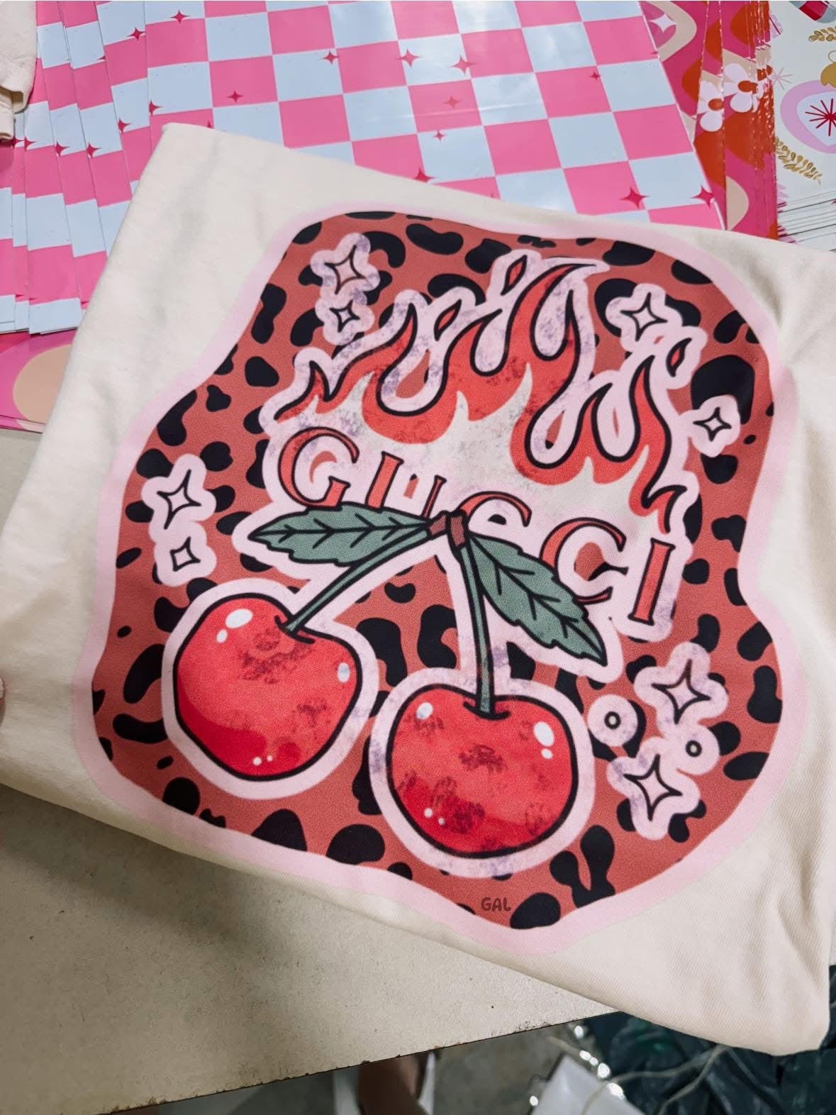 Guc flame &amp; leopard cherries tee or sweatshirt