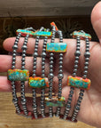 Orange/Turquoise Double Strand Necklace – 13” Beaded – Sterling Silver Pearls & Rectangle Variscite