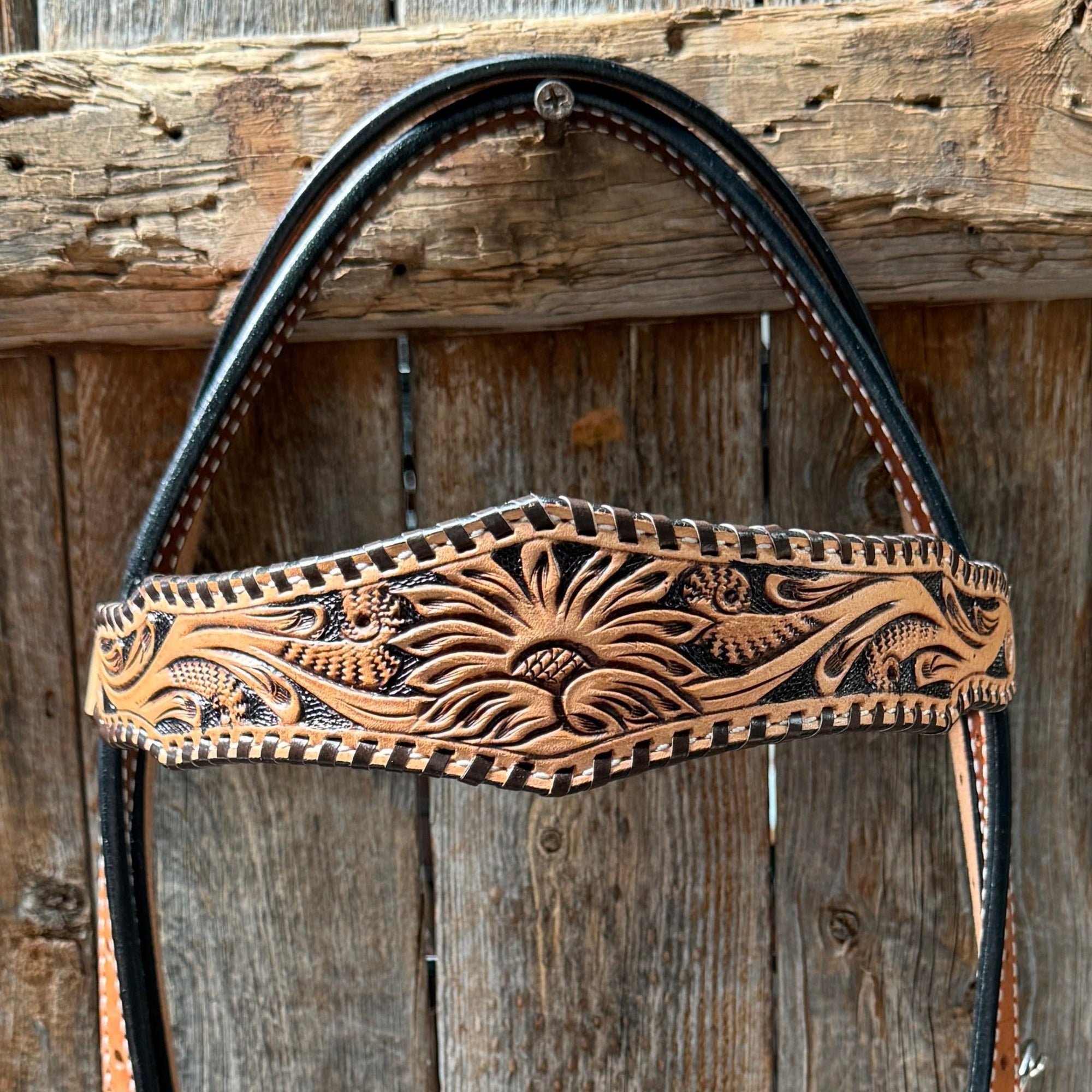 Light Oil Floral Whipstitch Browband Headstall / Bridle 