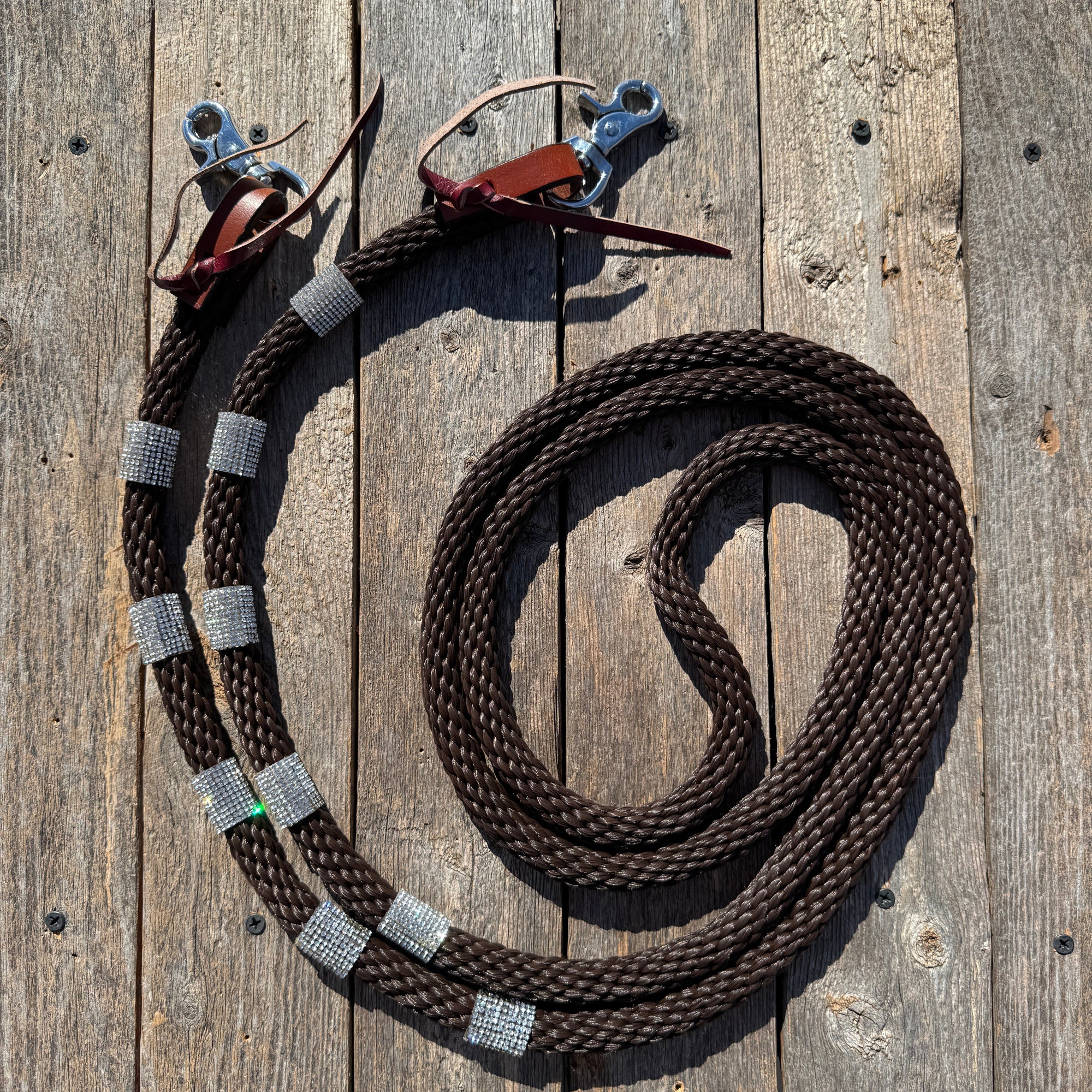 Brown Nylon Barrel Racing Reins with Rhinestones 
