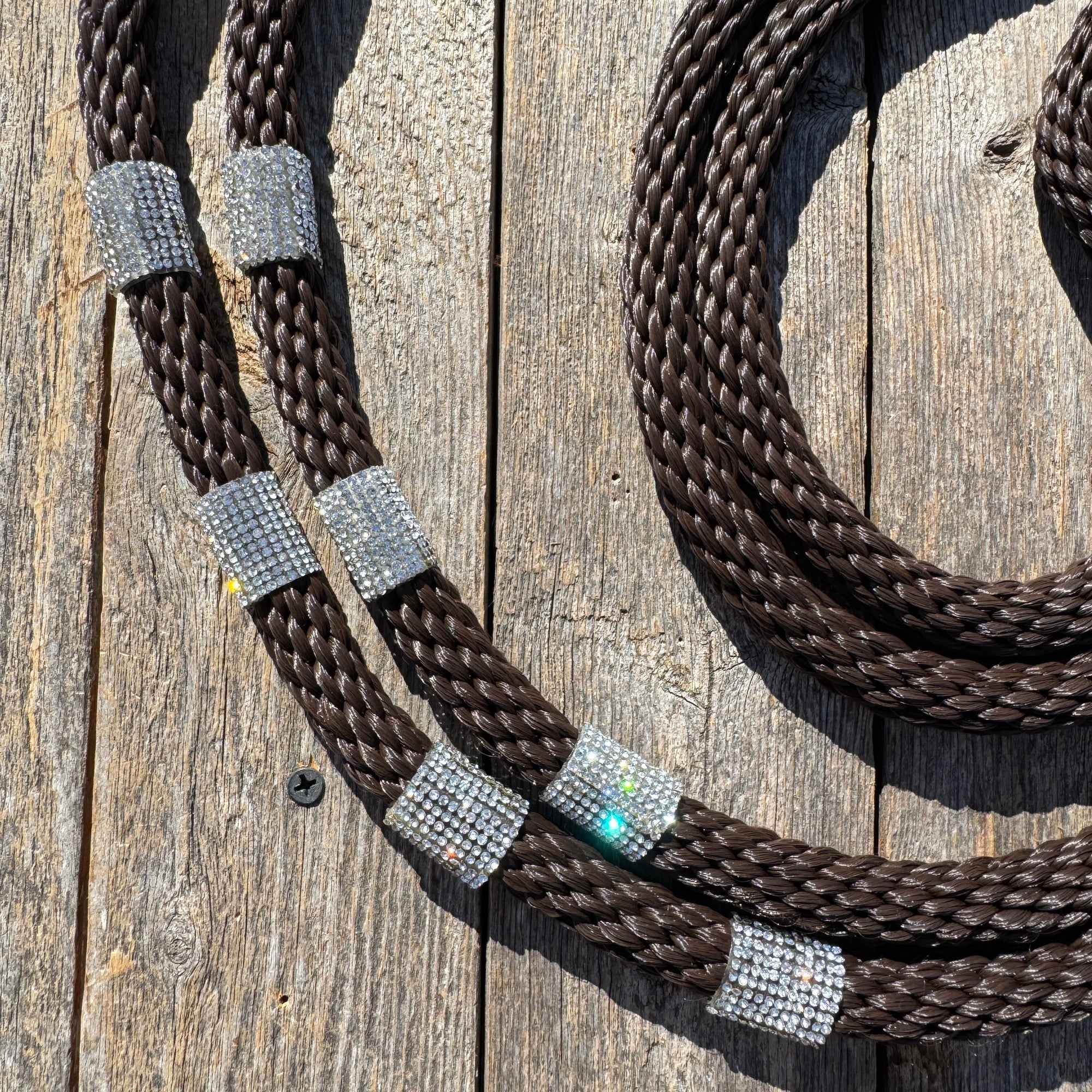 Brown Nylon Barrel Racing Reins with Rhinestones 