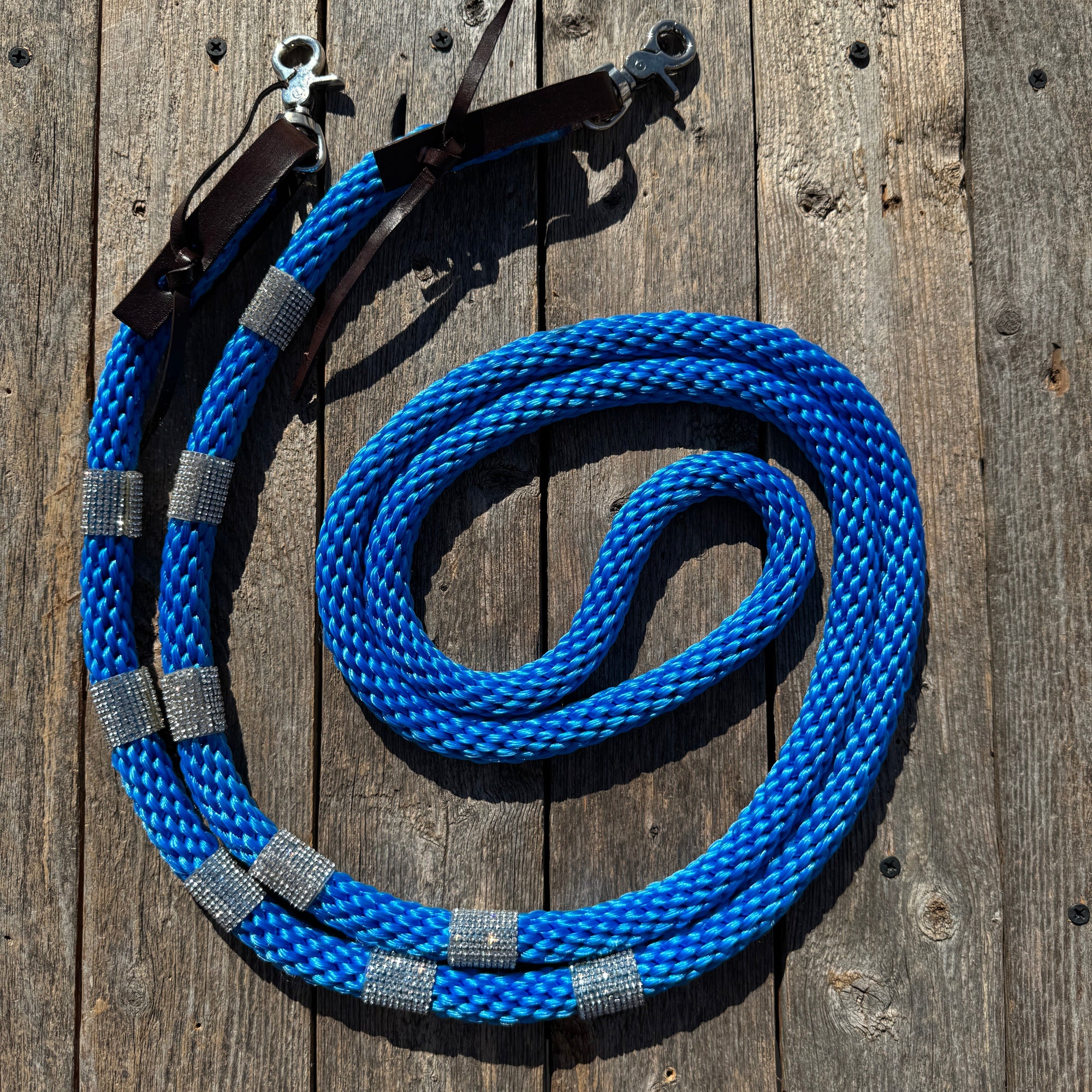 Blue Nylon Barrel Racing Reins with Rhinestones 
