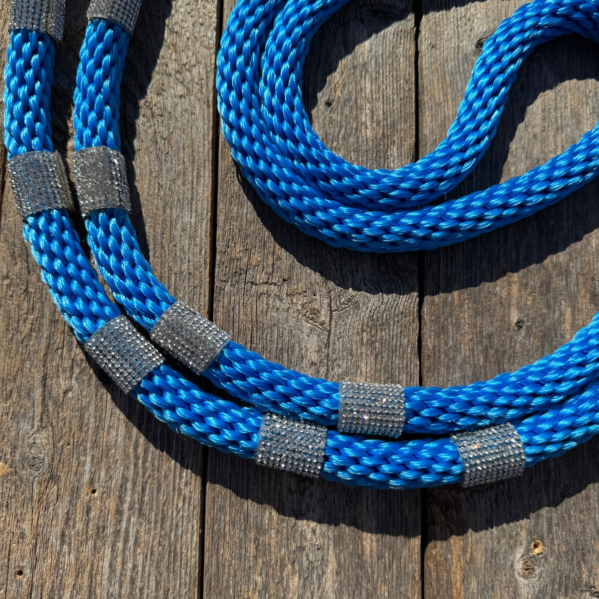 Blue Nylon Barrel Racing Reins with Rhinestones 