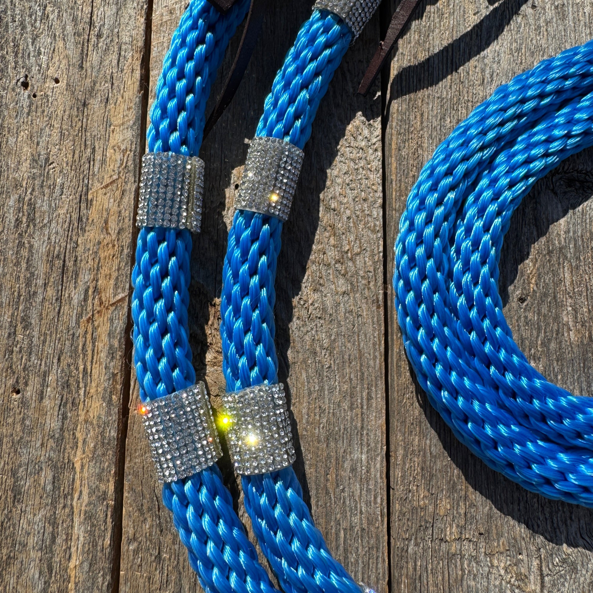 Blue Nylon Barrel Racing Reins with Rhinestones 