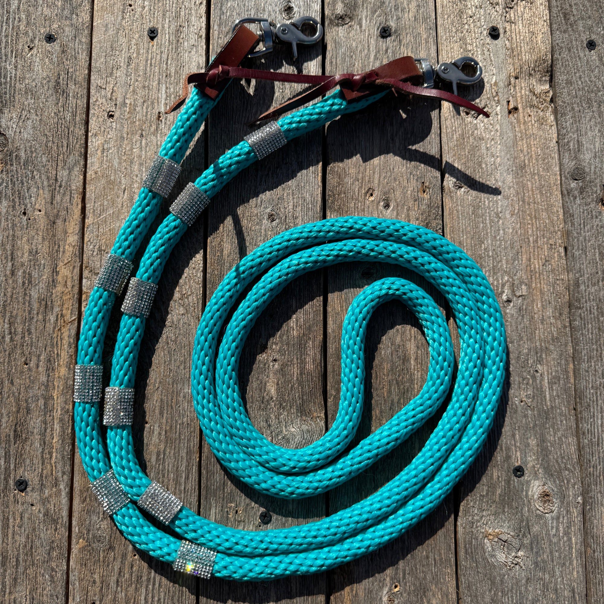 Teal Nylon Barrel Racing Reins with Rhinestones 