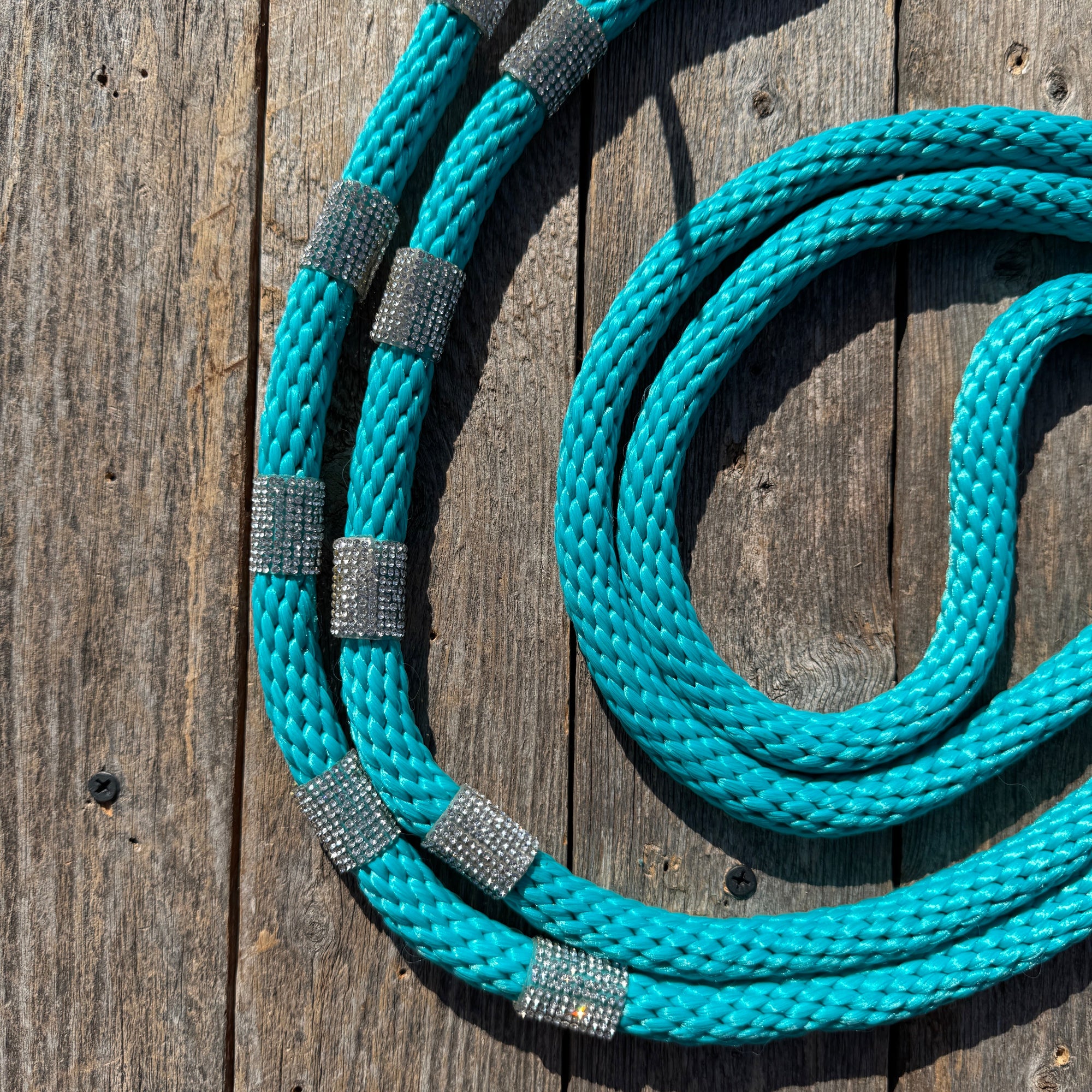 Teal Nylon Barrel Racing Reins with Rhinestones 