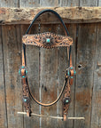 Light Oil Floral Whipstitch and Turquoise Browband/ One Ear Triangle / Gladiator Breastcollar Tack Set 