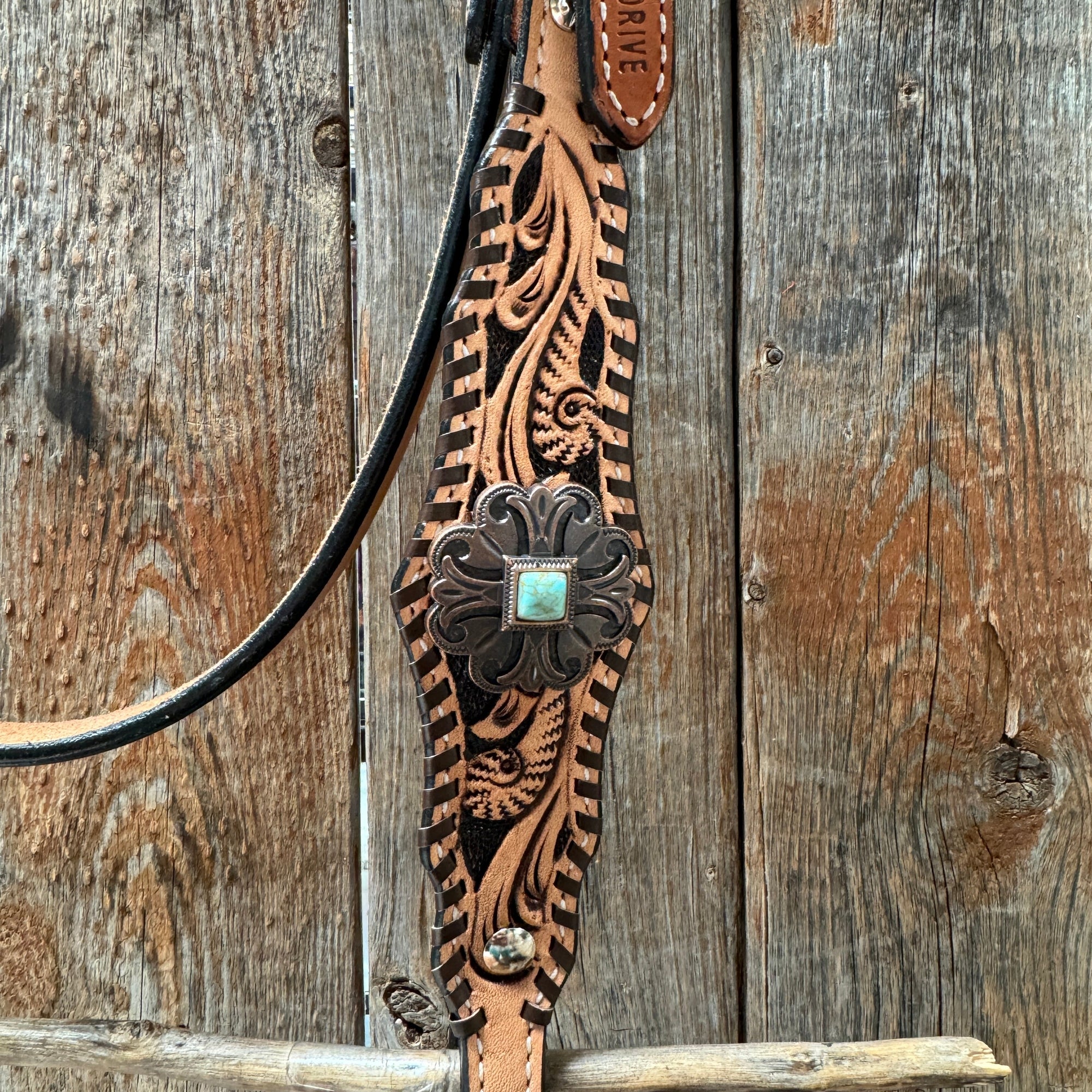 Light Oil Floral Whipstitch and Turquoise Browband/ One Ear Triangle / Gladiator Breastcollar Tack Set 