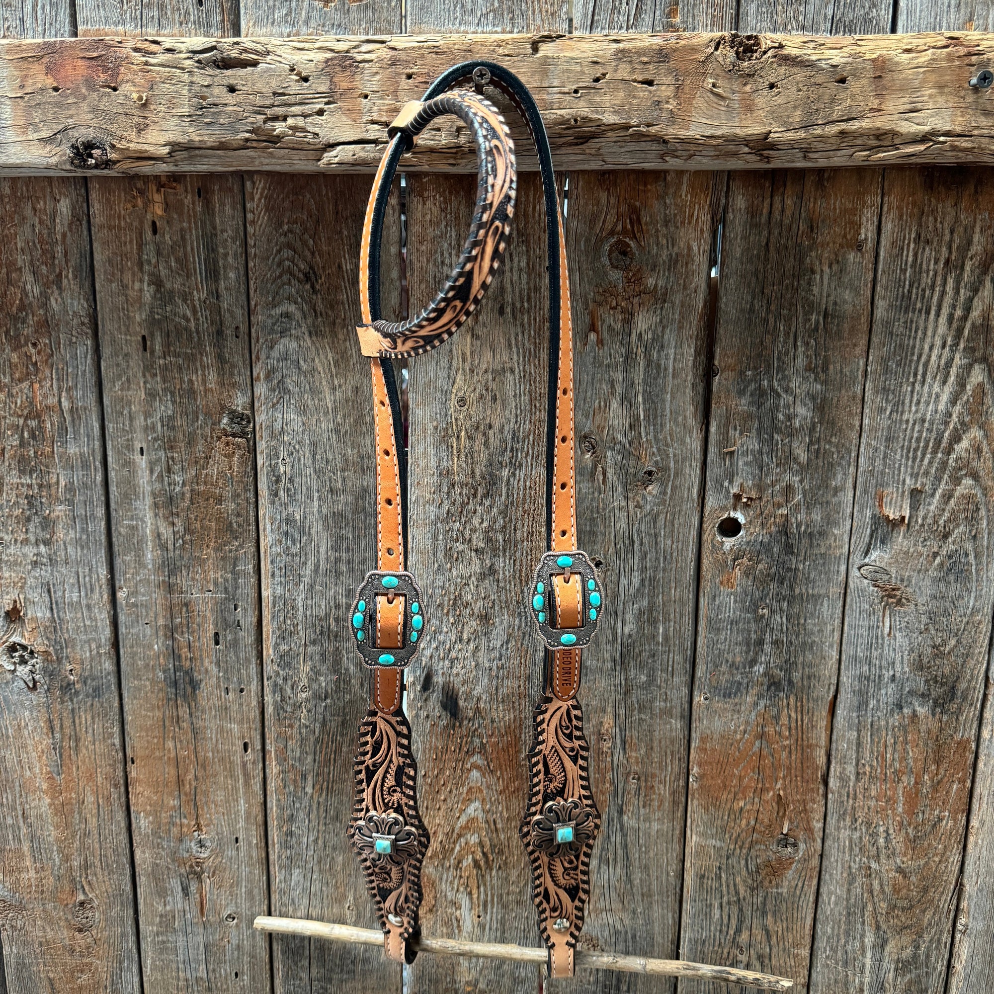 Light Oil Floral Whipstitch and Turquoise Browband/ One Ear Triangle / Gladiator Breastcollar Tack Set 