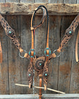 Light Oil Floral Whipstitch and Turquoise Browband/ One Ear Triangle / Gladiator Breastcollar Tack Set 