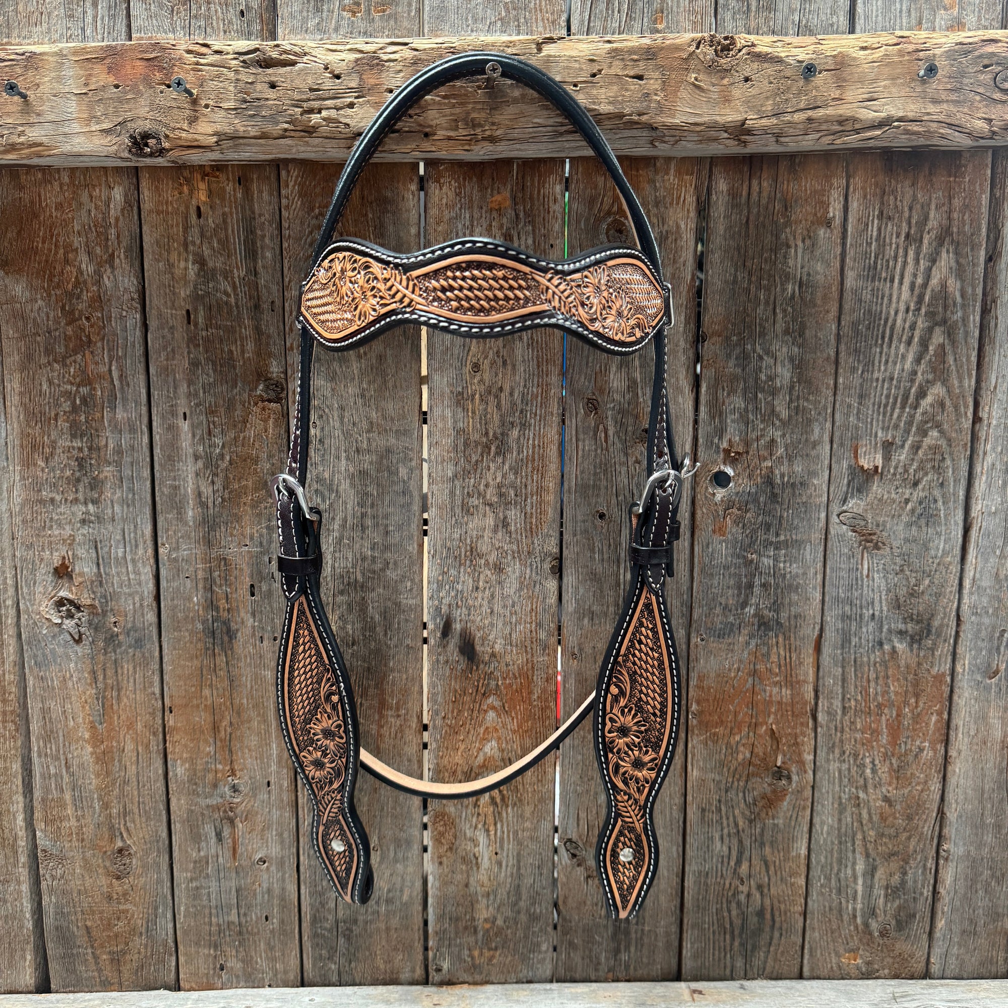 Two Tone Floral and Basketweave Browband Headstall / Bridle 