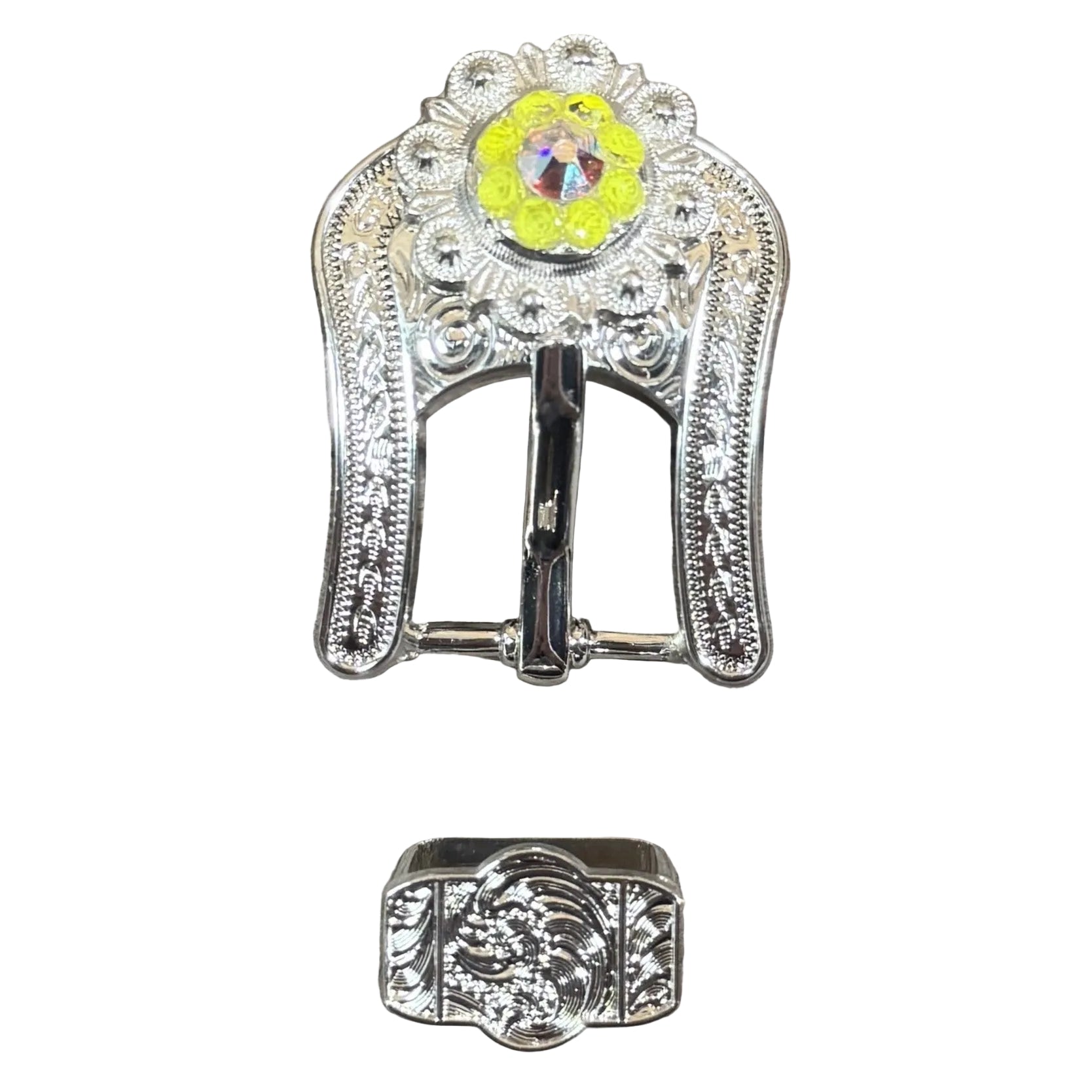 Bright Silver Neon Yellow - AB Crystal Conchos - Sizes from 1"- 3" and Buckles