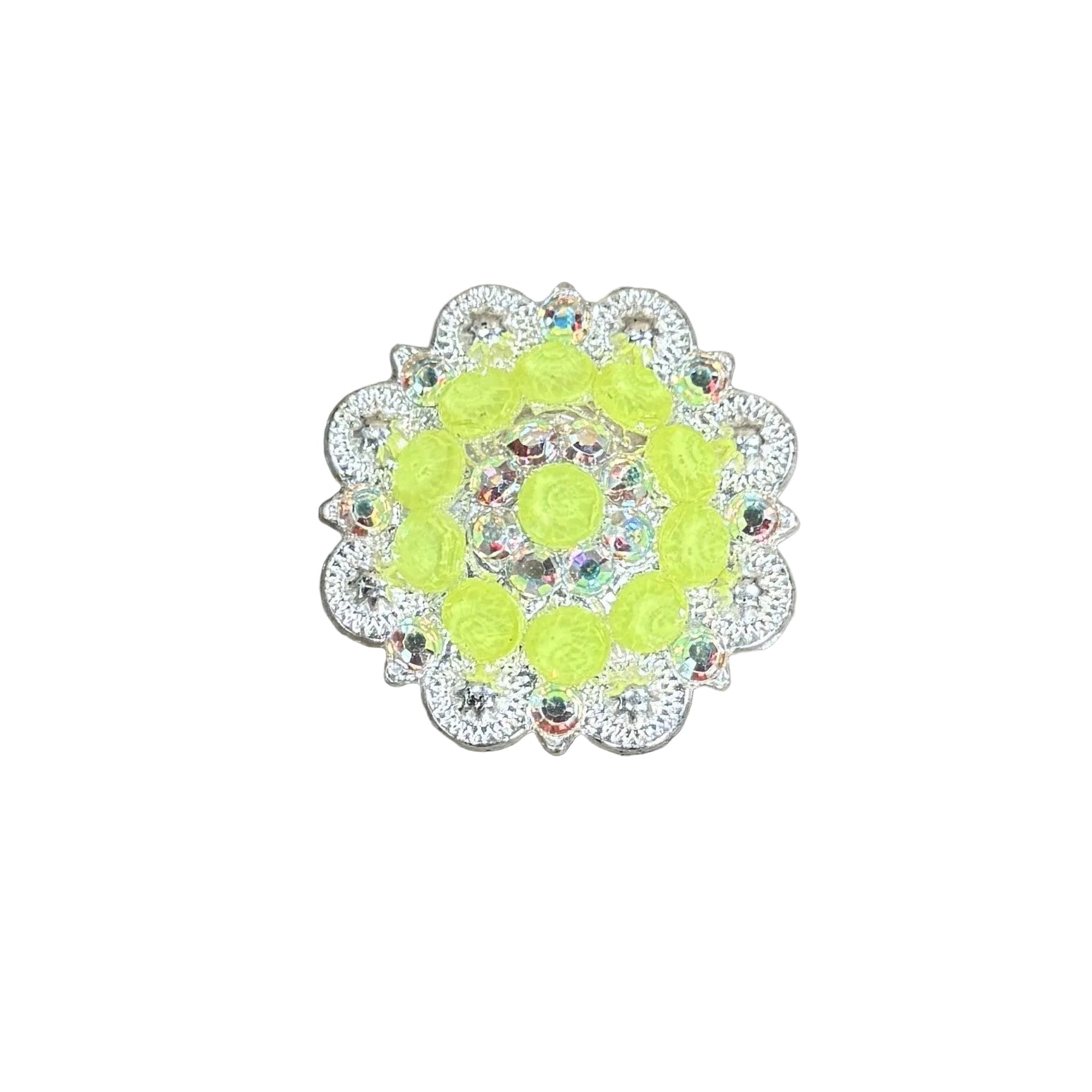 Bright Silver Neon Yellow - AB Crystal Conchos - Sizes from 1"- 3" and Buckles