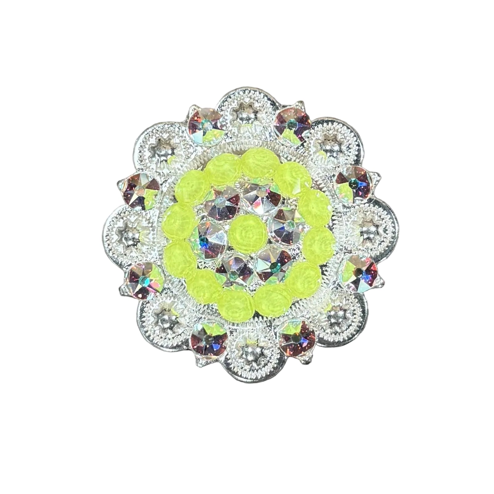 Bright Silver Neon Yellow - AB Crystal Conchos - Sizes from 1"- 3" and Buckles