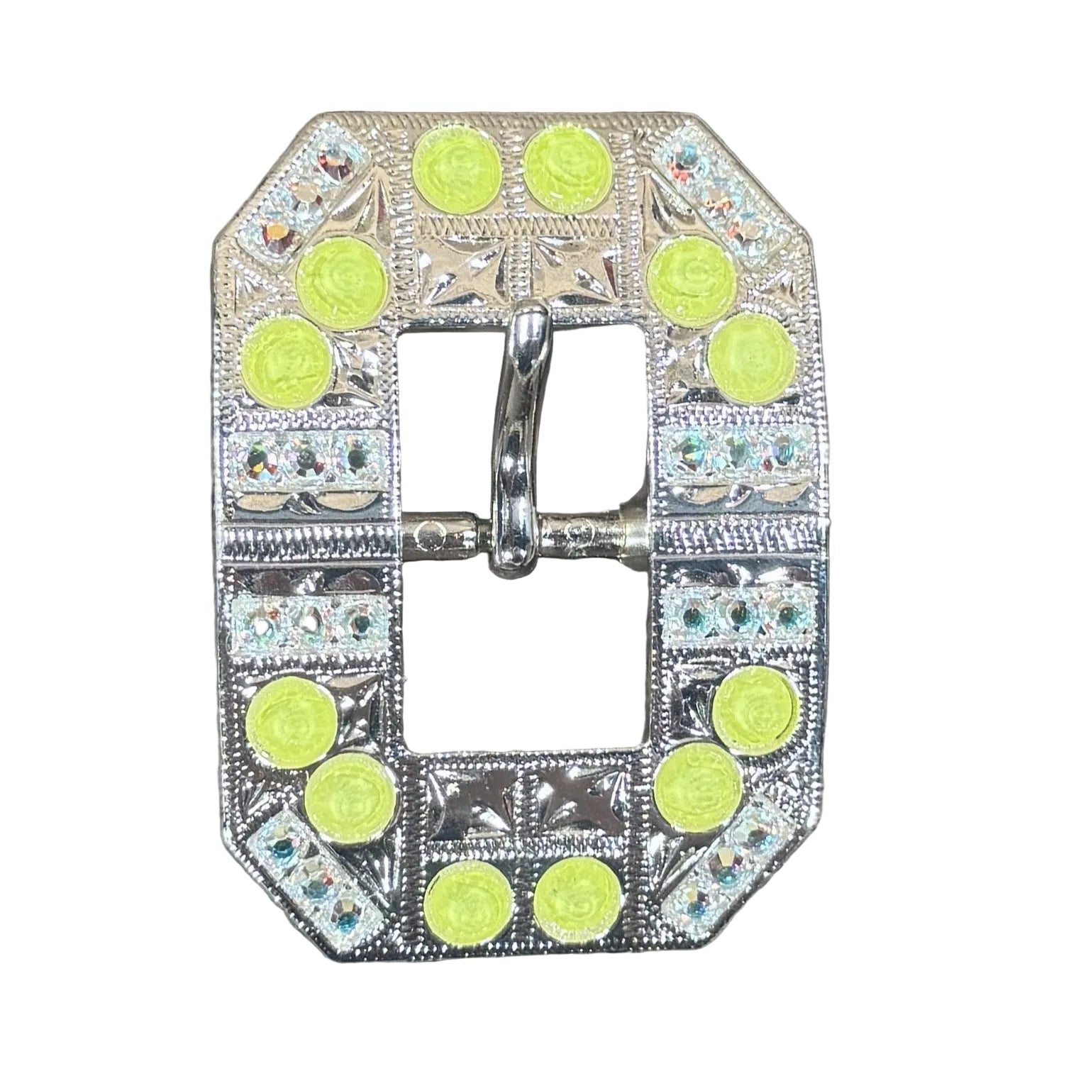 Bright Silver Neon Yellow - AB Crystal Conchos - Sizes from 1"- 3" and Buckles