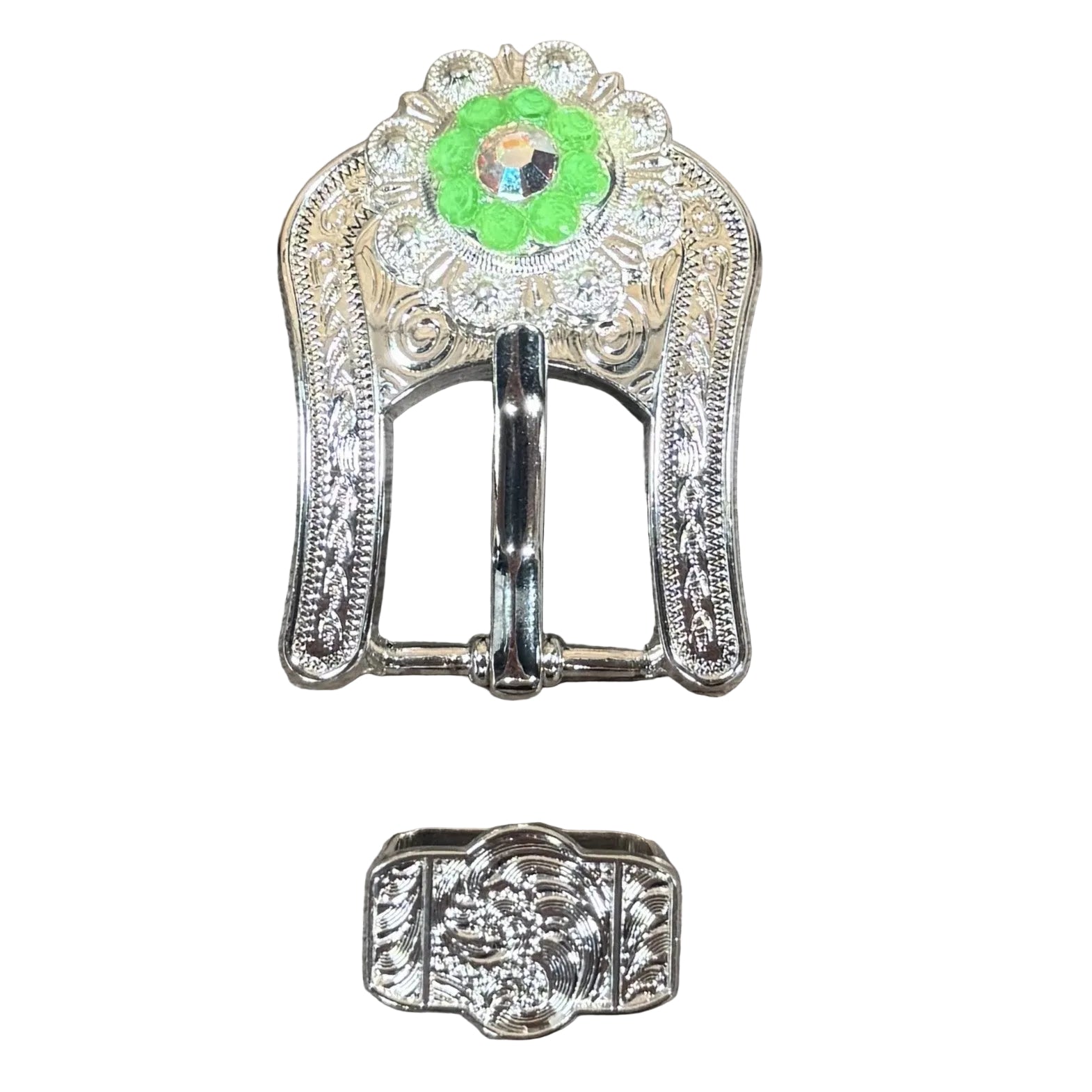 Bright Silver Neon Green - AB Crystal Conchos - Sizes from 1"- 3" and Buckles