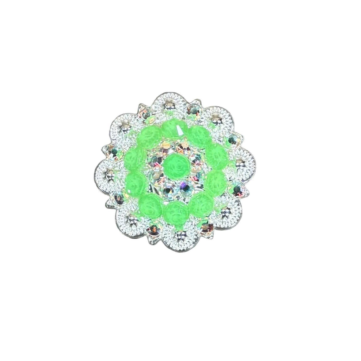 Bright Silver Neon Green - AB Crystal Conchos - Sizes from 1"- 3" and Buckles