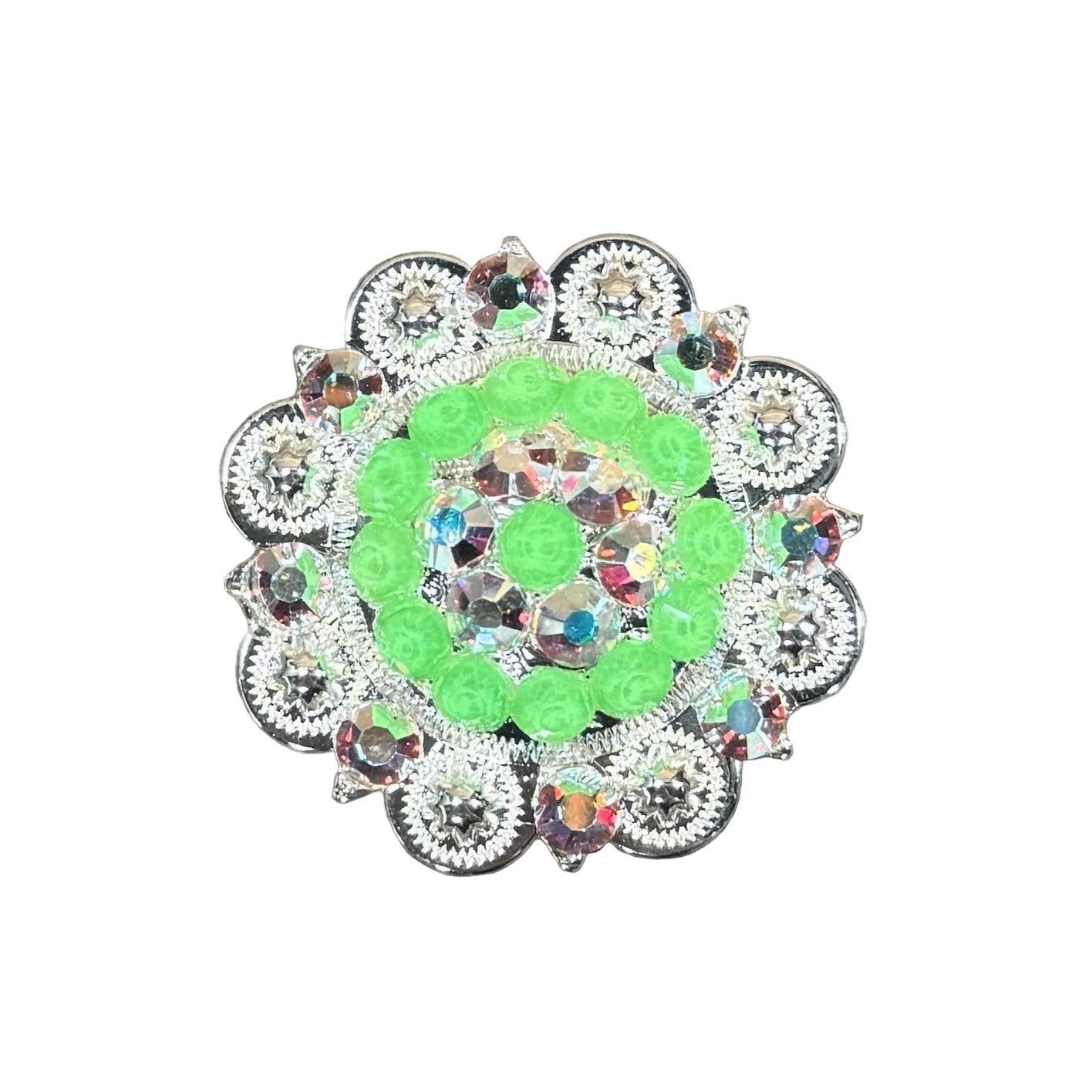 Bright Silver Neon Green - AB Crystal Conchos - Sizes from 1"- 3" and Buckles
