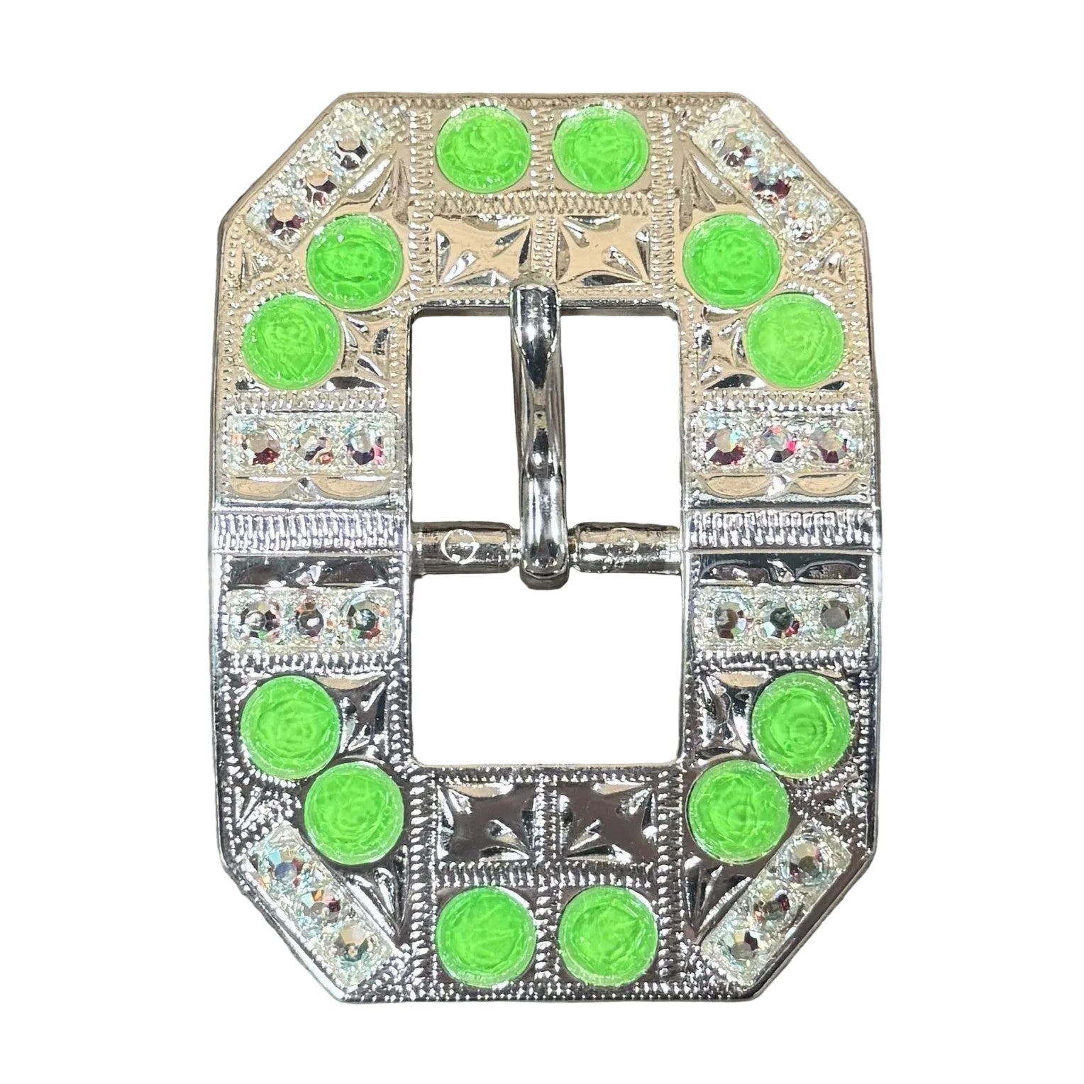 Bright Silver Neon Green - AB Crystal Conchos - Sizes from 1"- 3" and Buckles